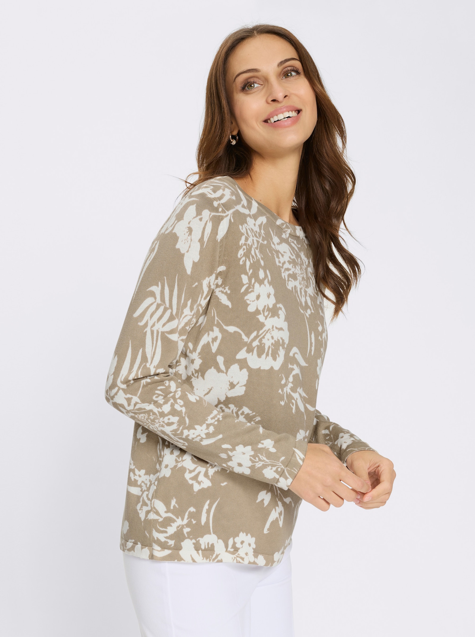 Rundhalspullover in Strickjersey-Qualität - ecru-beige-bedruckt