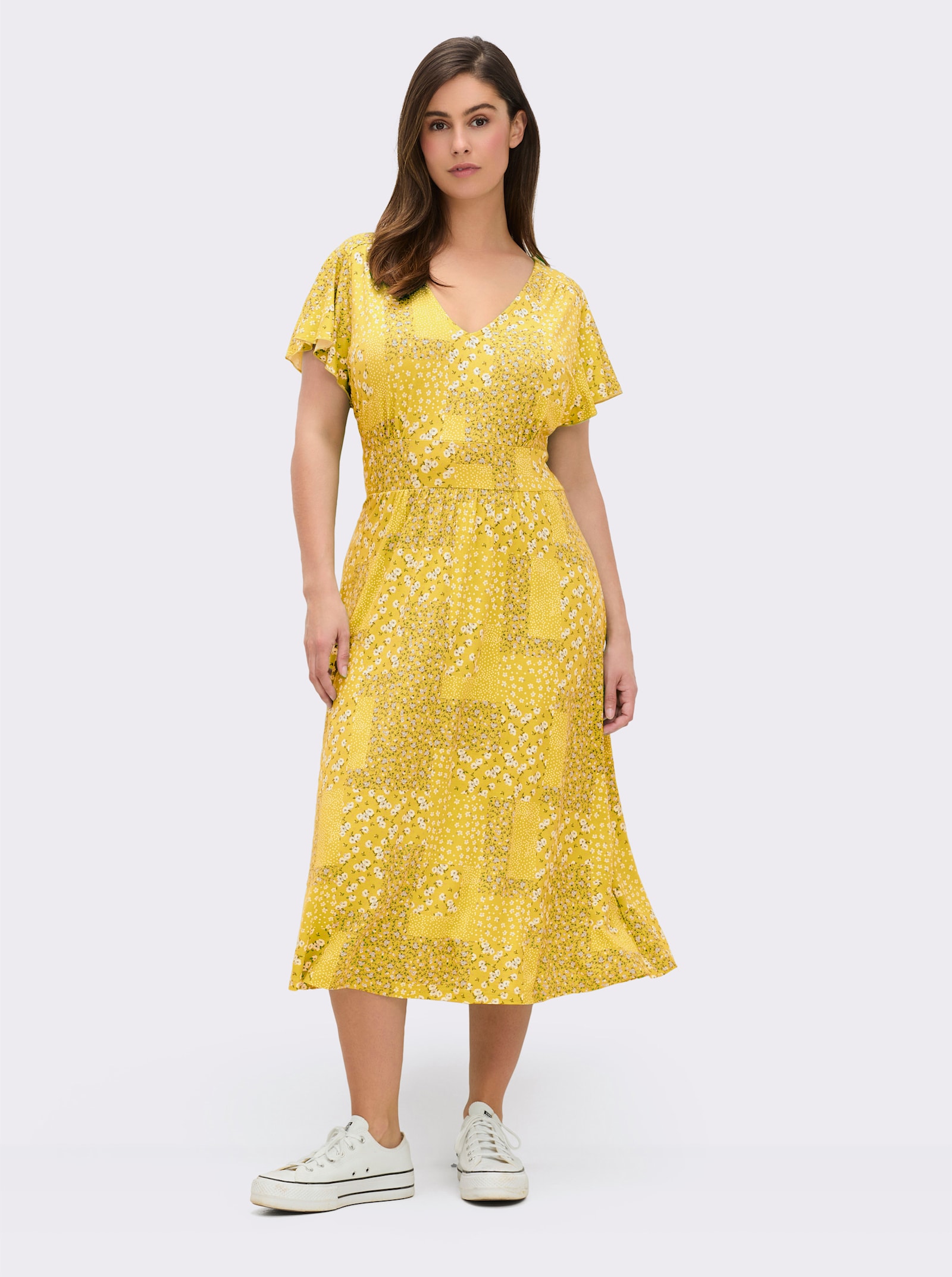 Jerseykleid mit Flügel-Ärmeln - sonnengelb-champagner-bedruckt