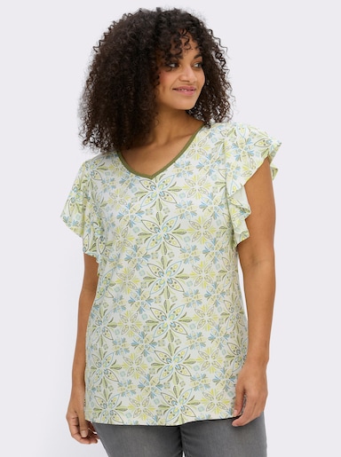 sheego T-shirt en V avec manches chauve-souris et imprimé floral - écru-topaze imprimé