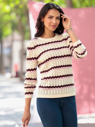Langarm-Pullover in Ajourstrick - burgund-rosé-gestreift