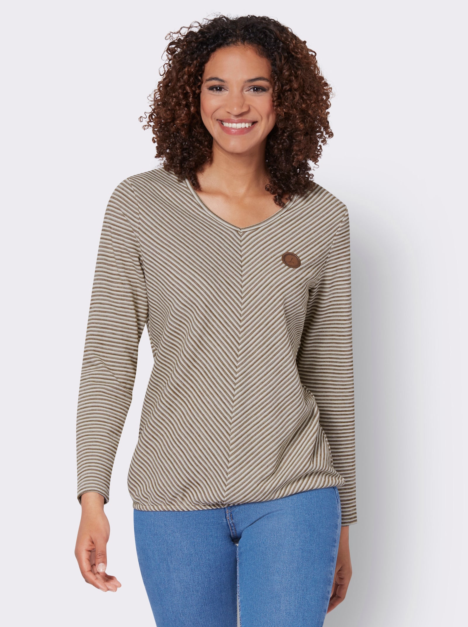 Langarmshirt mit elastischem Saum - braun-ecru-gemustert