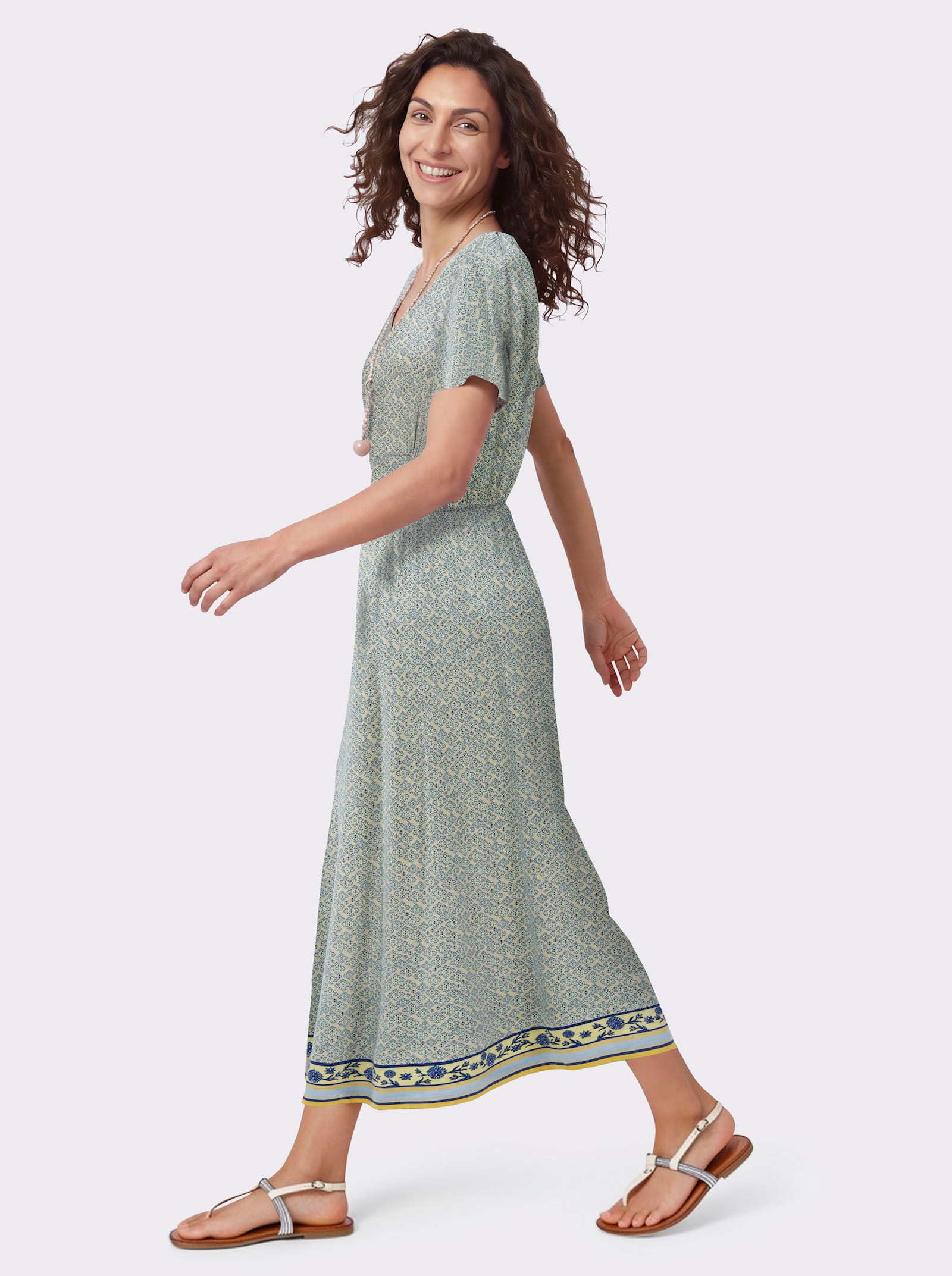 Druckkleid mit Taillenbetonung - sand-royalblau-bedruckt