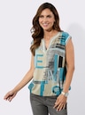 Blousetop met gestreepte boordjes - turquoise/zand bedrukt