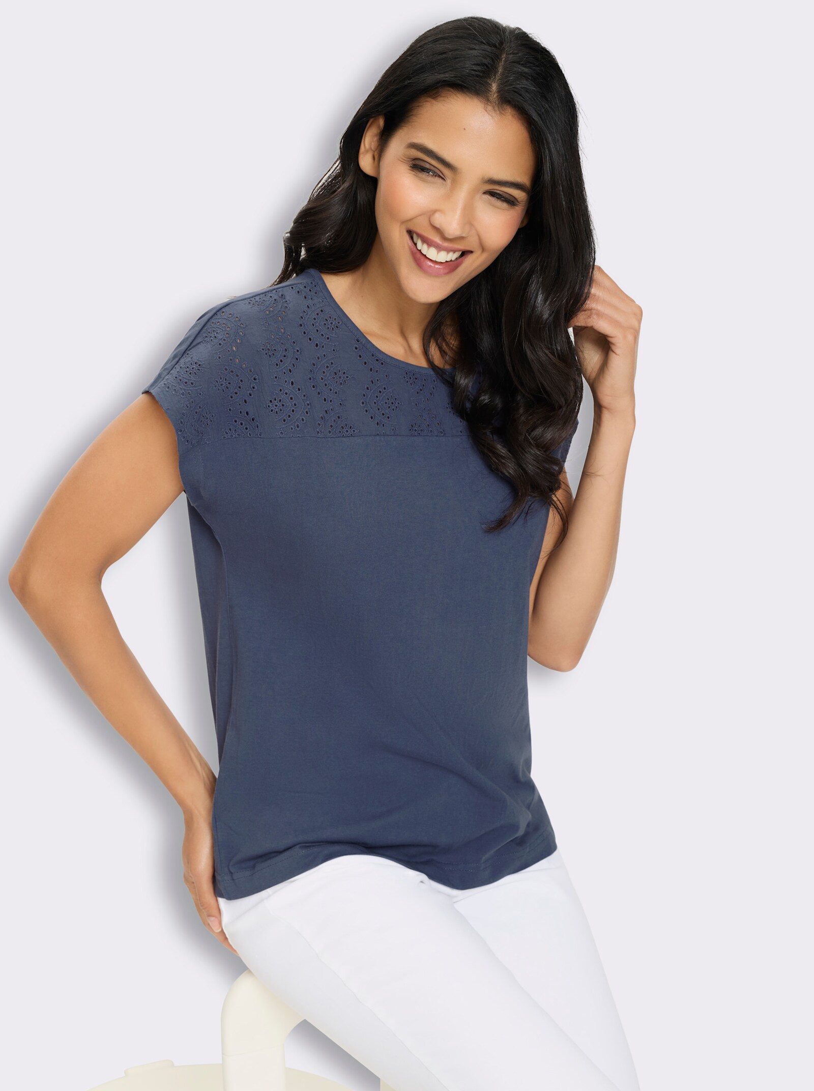 Kurzarmshirt mit Spitzen-Details, Baumwolle - rauchblau