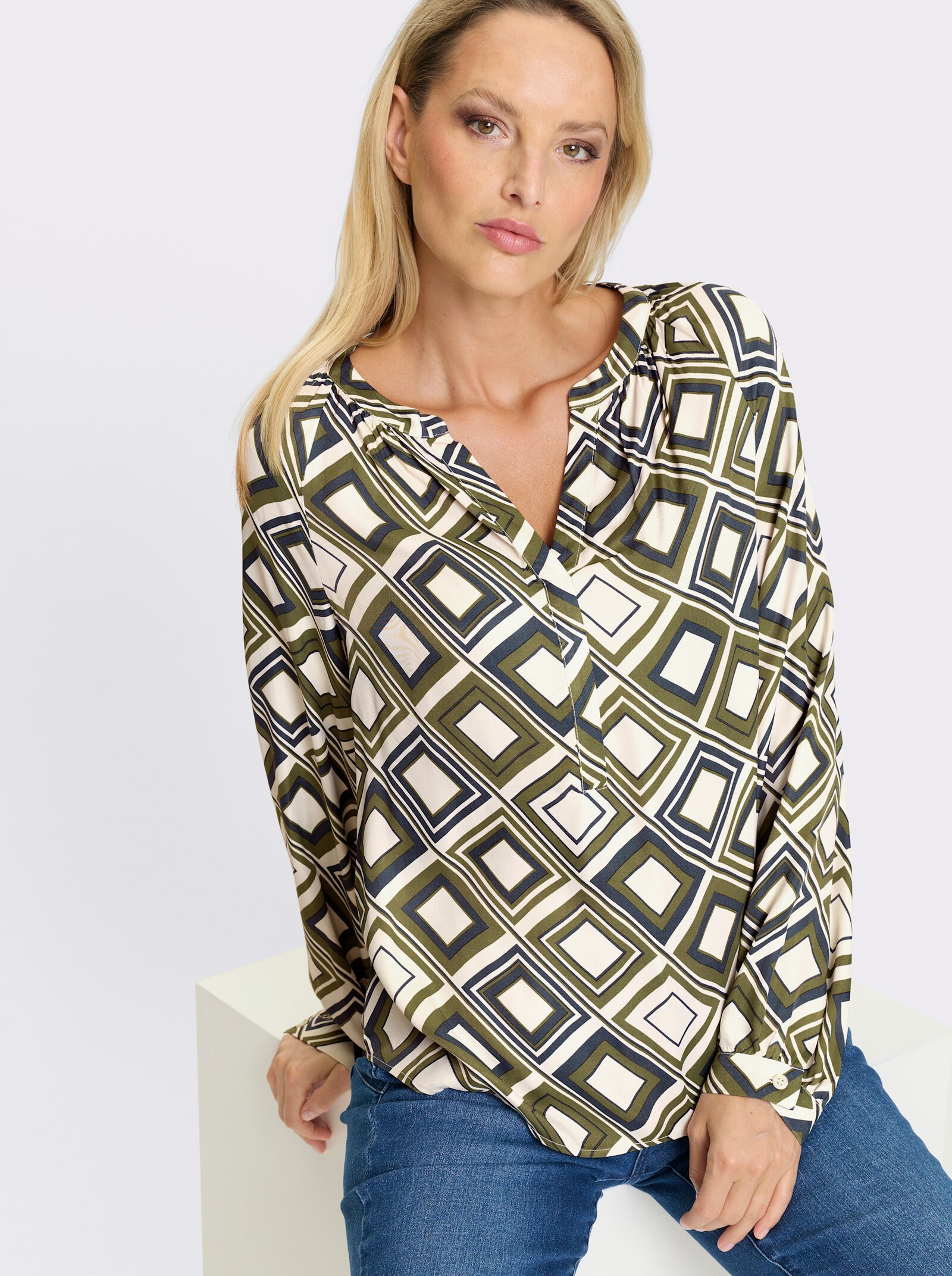 heine Druckbluse zum Überziehen - khaki-champagner-bedruckt