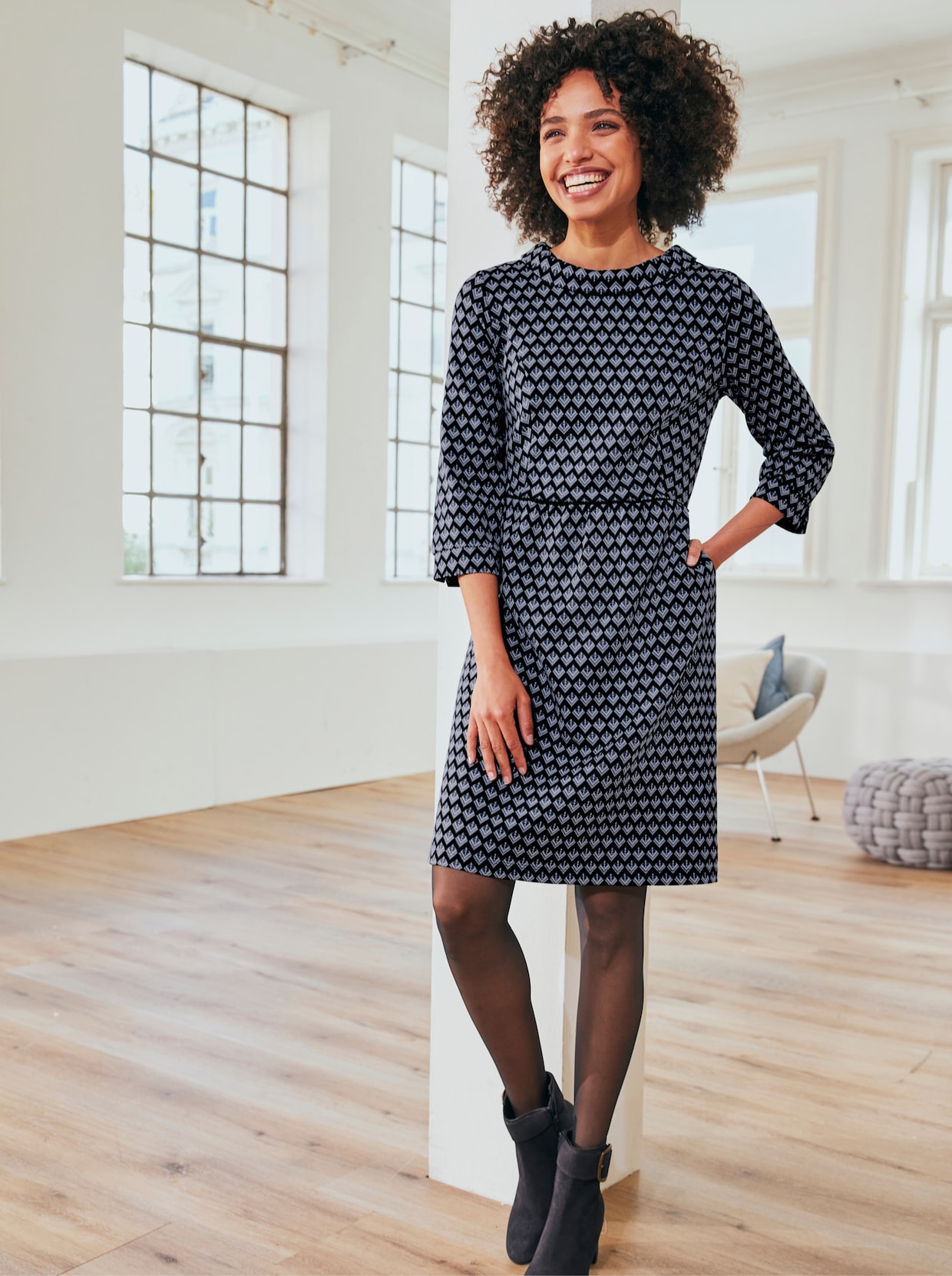 heine Jacquard-Kleid - marine-rauchblau-gemustert