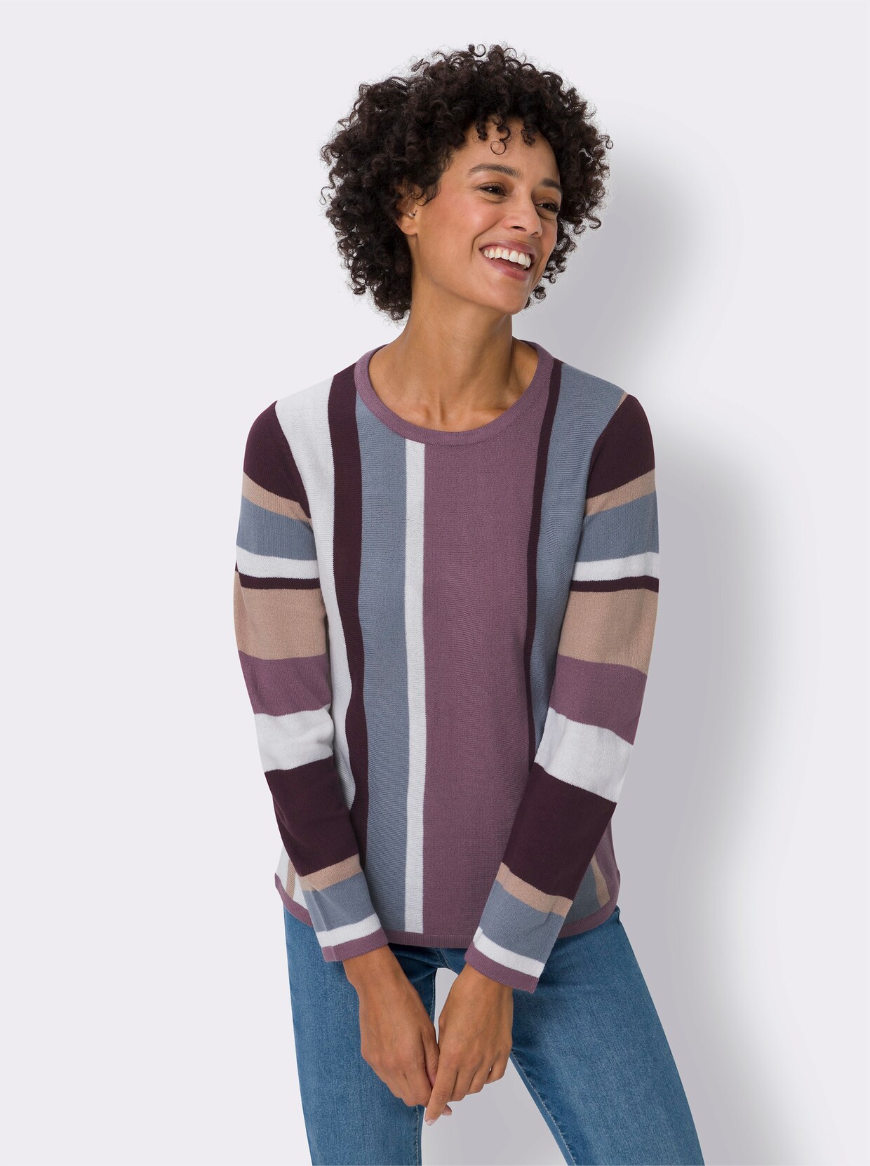 Rundhals-Pullover - violett-ecru-gestreift