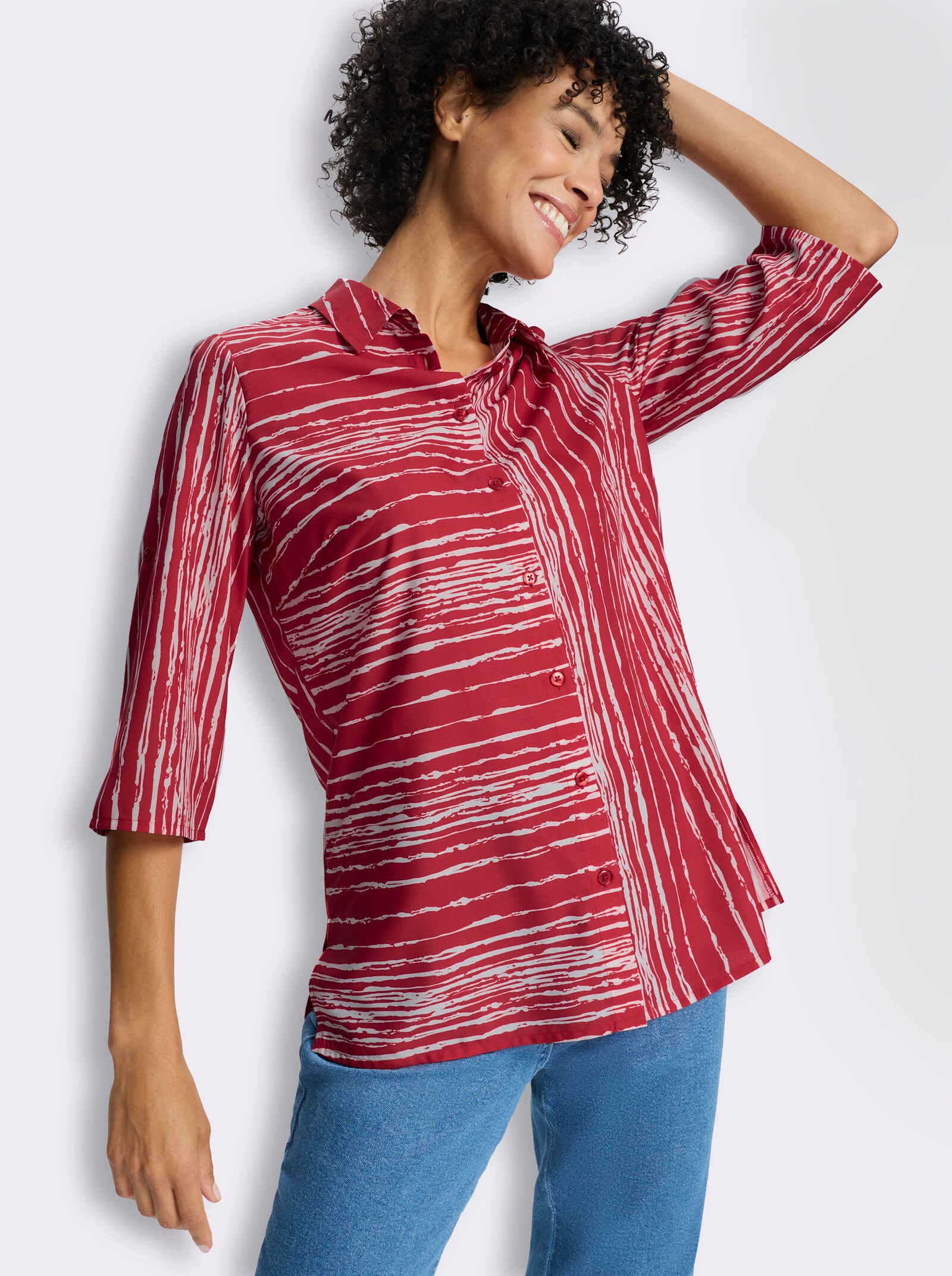 Longbluse mit Seitenschlitzen - erdbeere-ecru-bedruckt