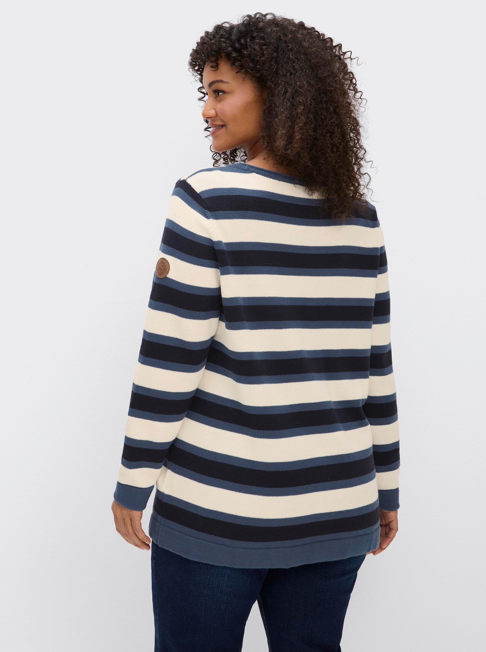 sheego Strickpullover im Colour-Blocking - tiefblau-ecru-geringelt