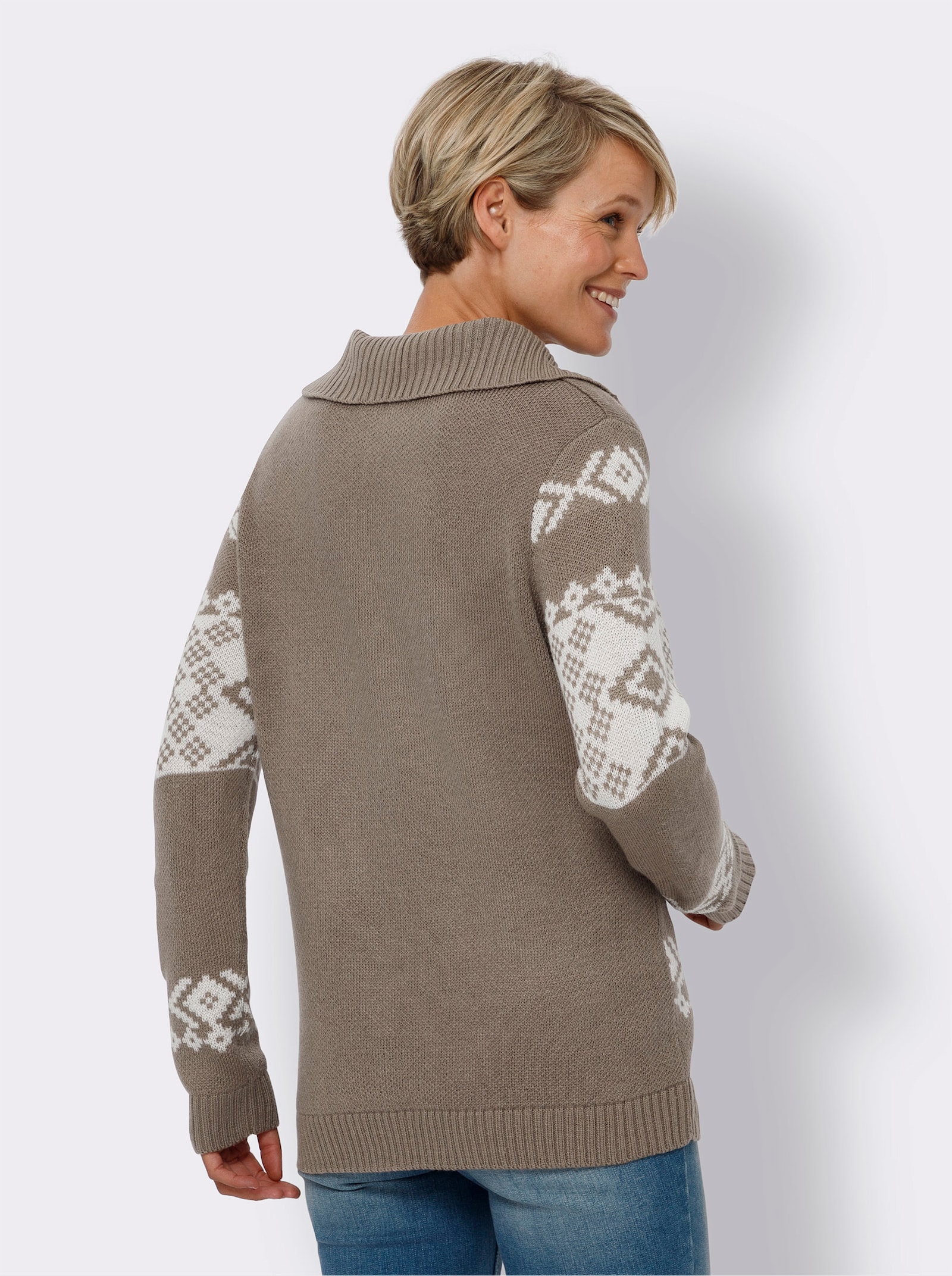 Noorse trui van jacquardtricot - taupe/ecru gedessineerd
