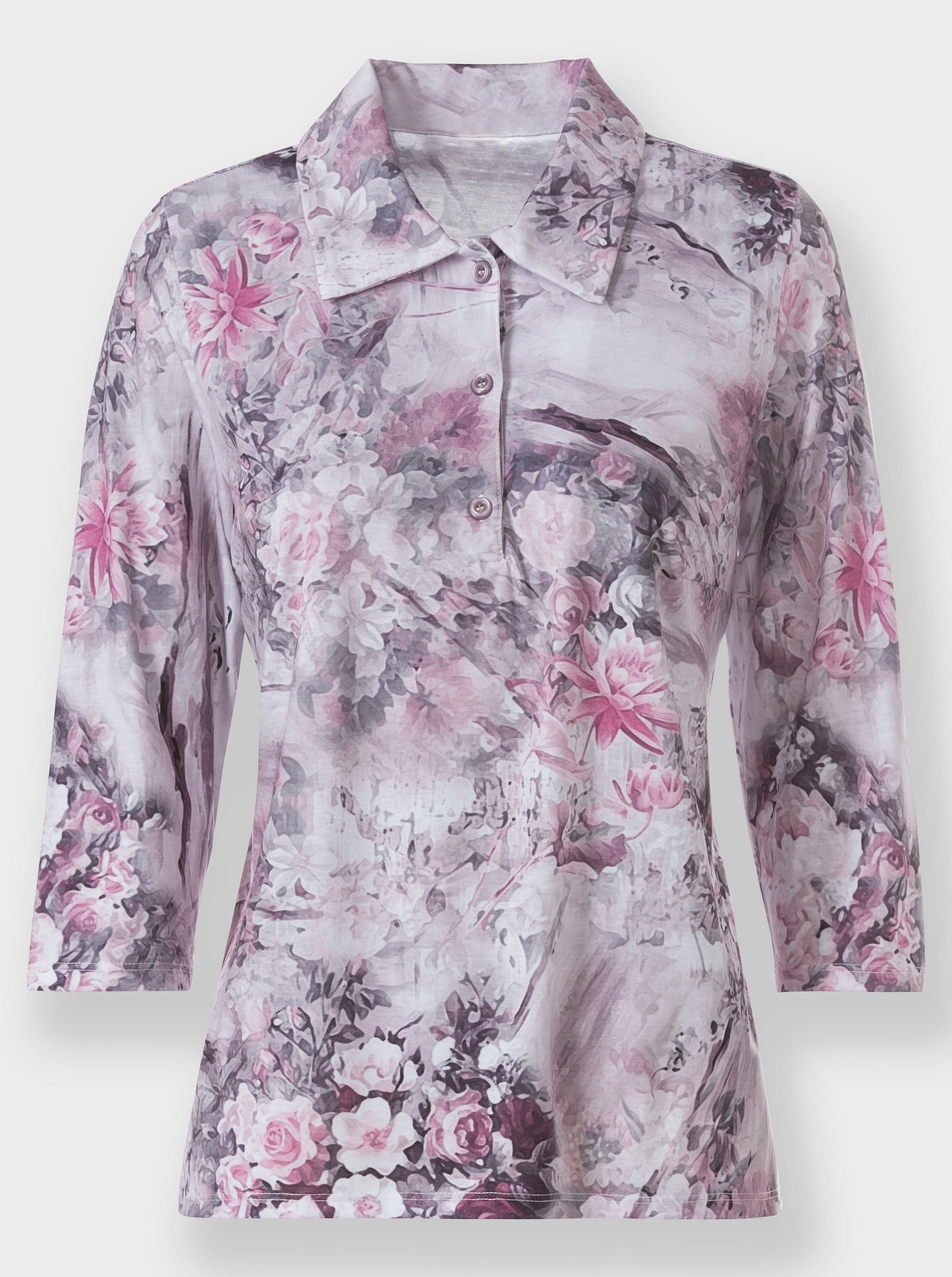 Poloshirt mit Blumendruck - rosé-steingrau-bedruckt