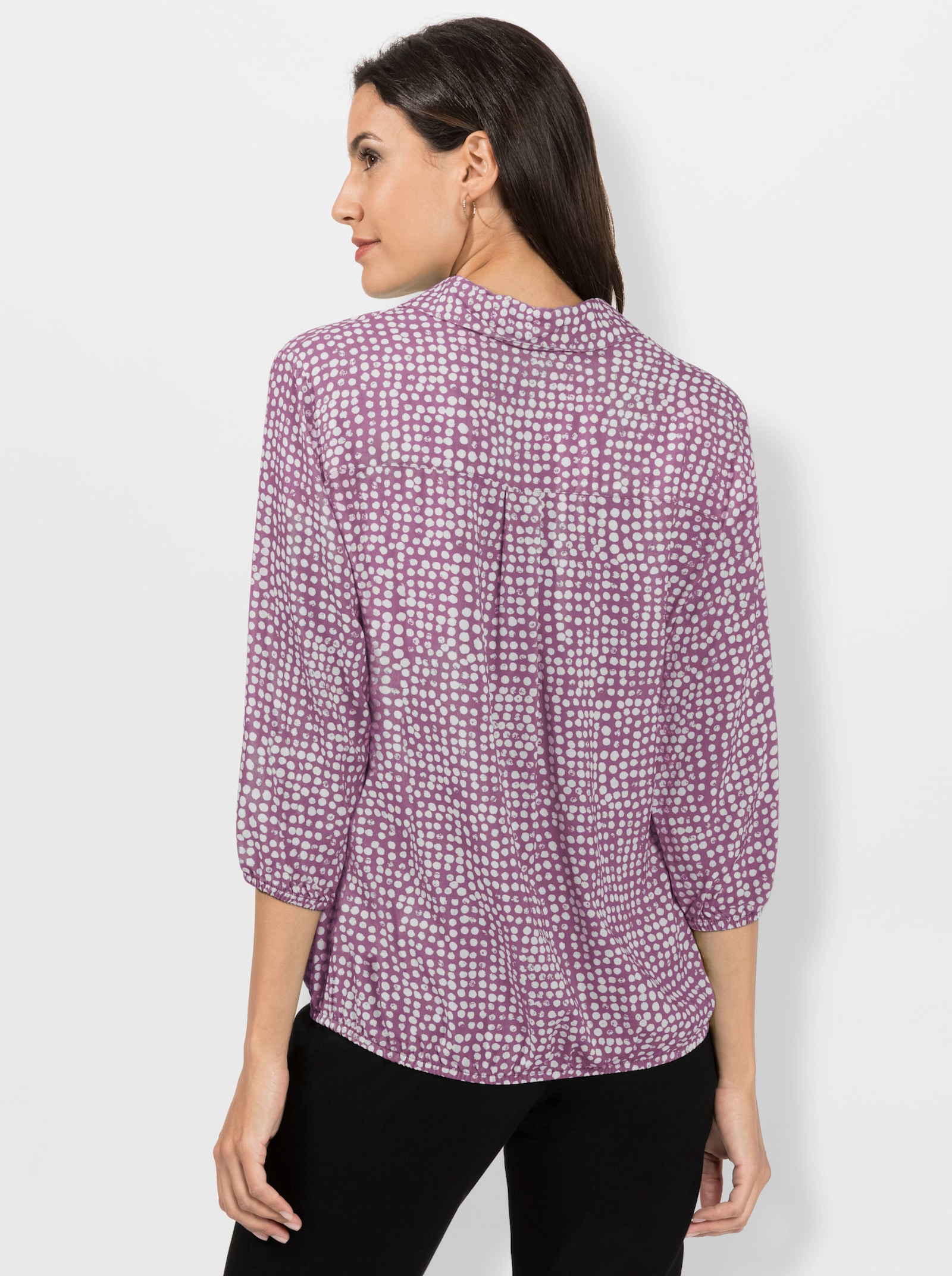 Schlupf-Bluse mit schimmernden Knöpfen - violett-weiss-bedruckt