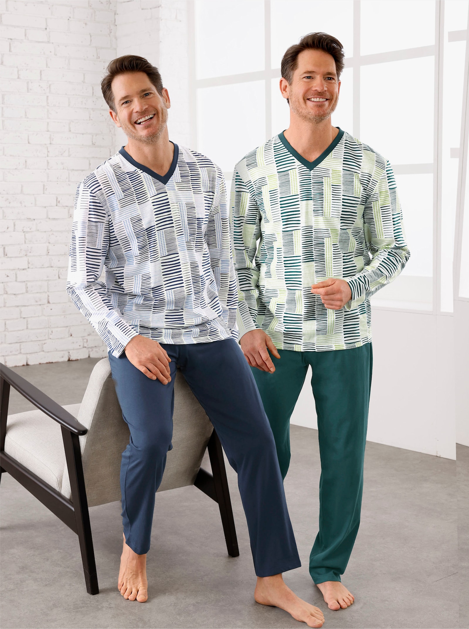 wäschepur men Schlafanzüge - ecru-dunkelblau + ecru-petrol