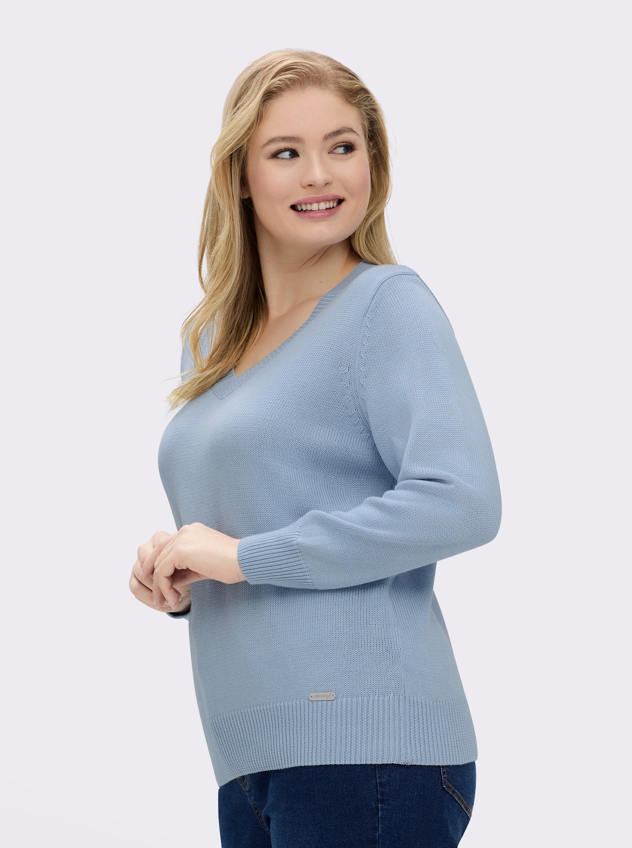 V-Ausschnitt-Pullover mit Baumwolle - eisblau