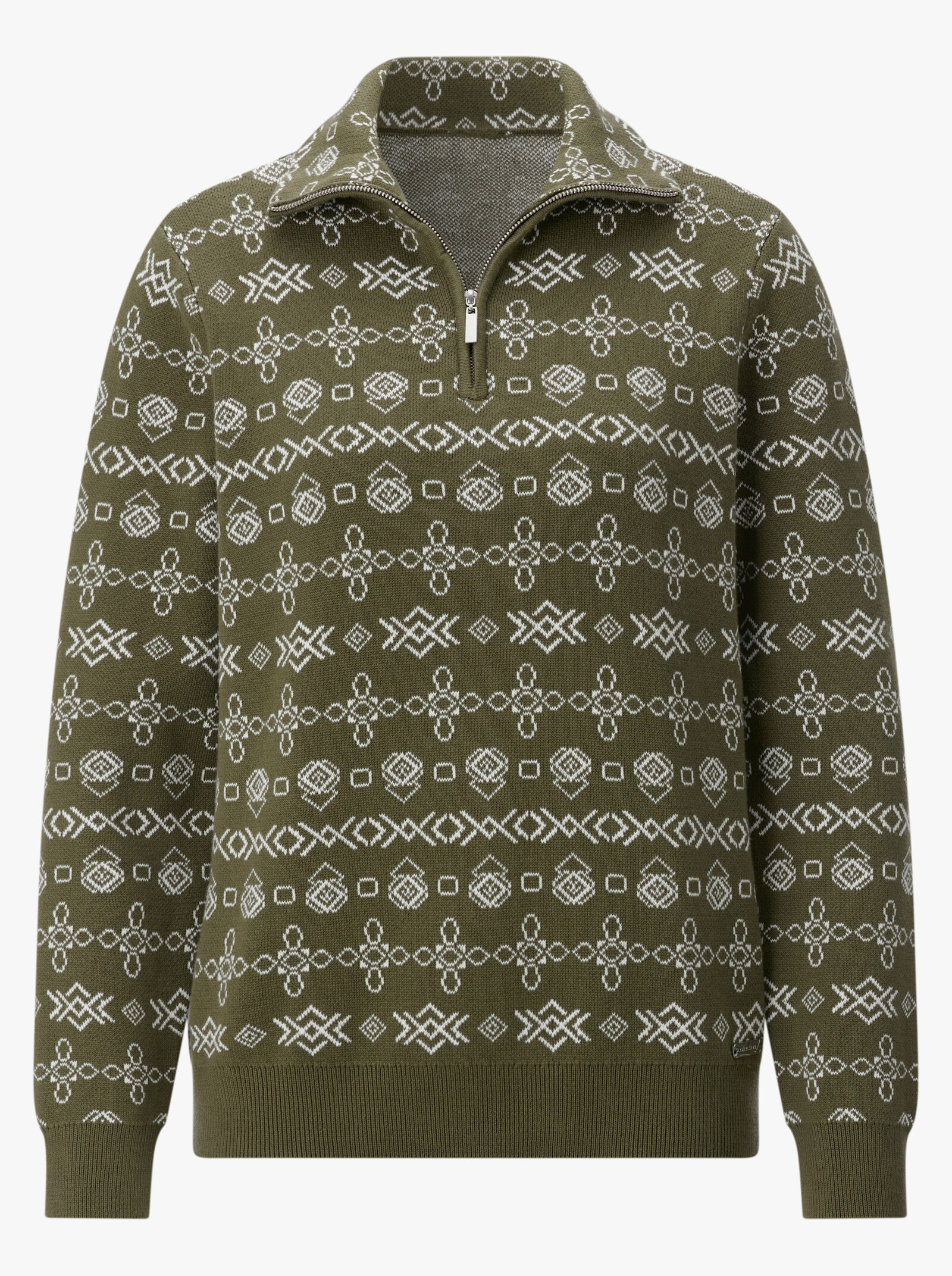 Jacquard-Pullover mit geripptem Saum - oliv-ecru-gemustert