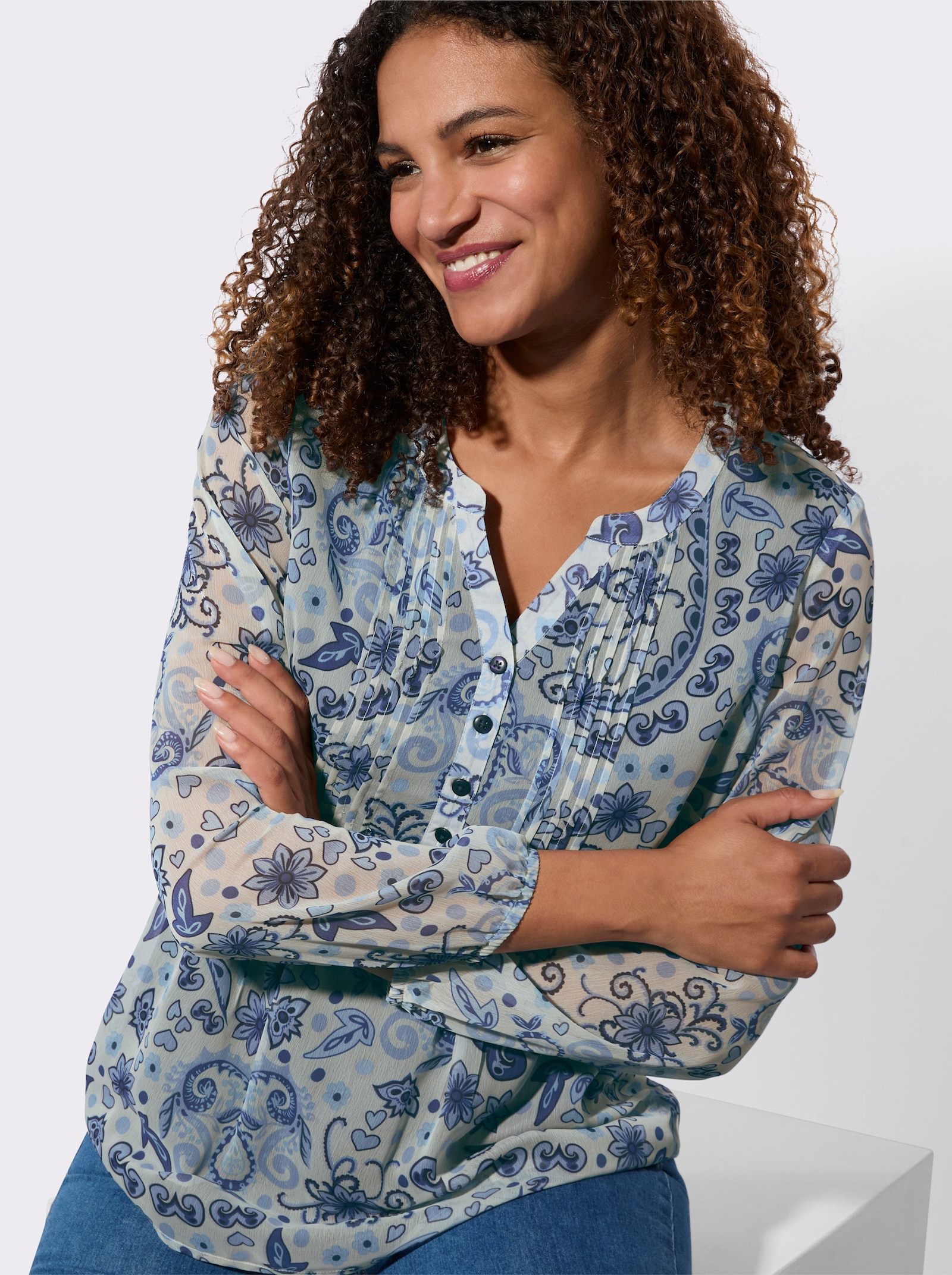 Schlupfbluse mit transparenten Ärmeln - champagner-royalblau-bedruckt