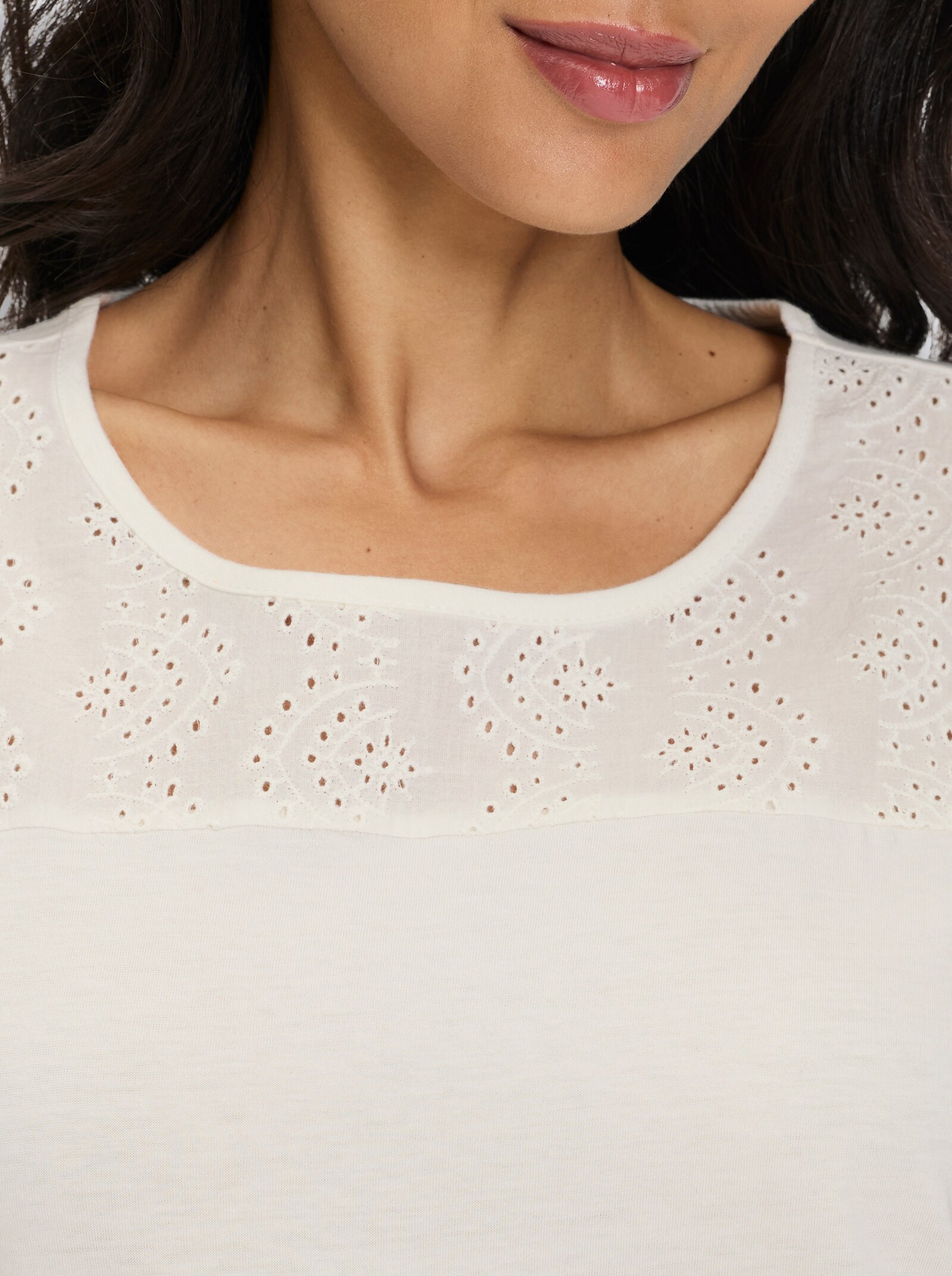Kurzarmshirt mit Spitzen-Details, Baumwolle - ecru
