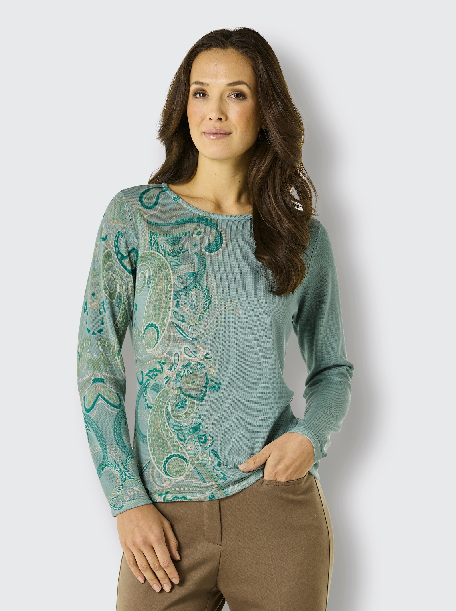 CREATION L PREMIUM Wollpullover in softer Freinstrick-Qualität - salbei-sesam-bedruckt