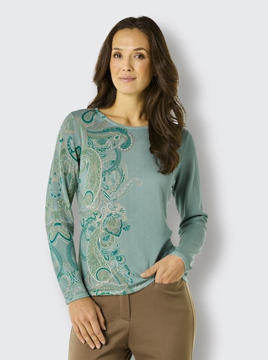 CREATION L PREMIUM Wollpullover in softer Freinstrick-Qualität - salbei-sesam-bedruckt