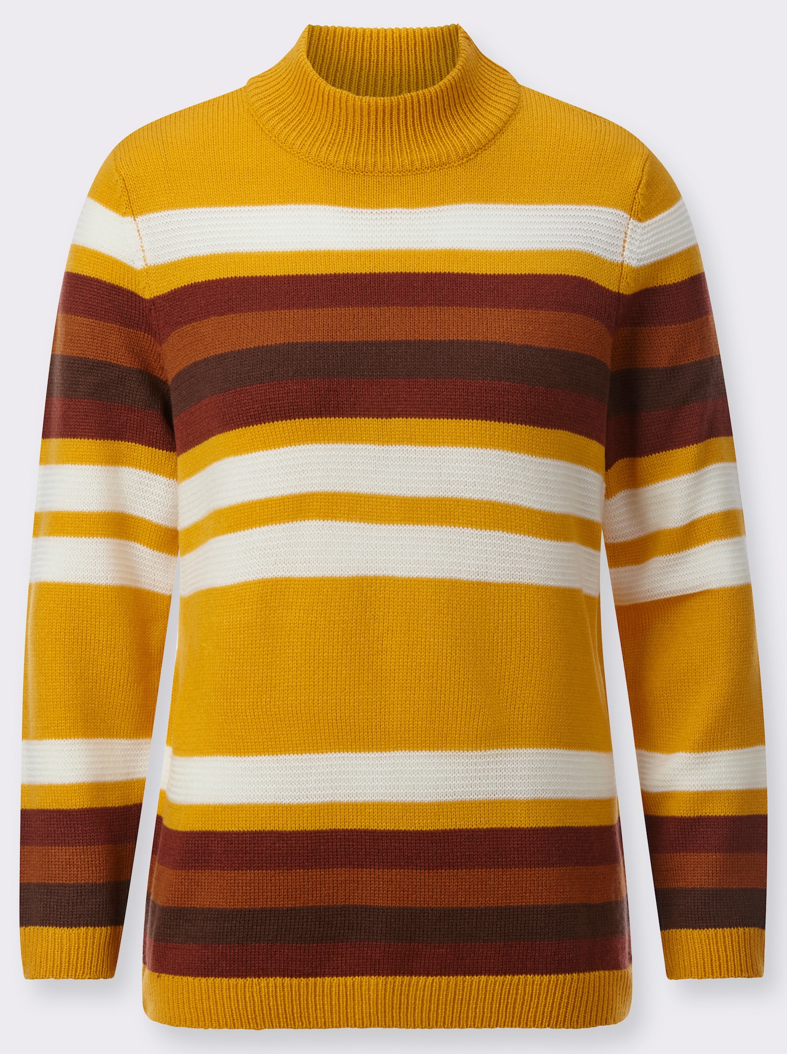 Streifenpullover mit Stehkragen - ocker-rotbraun-geringelt