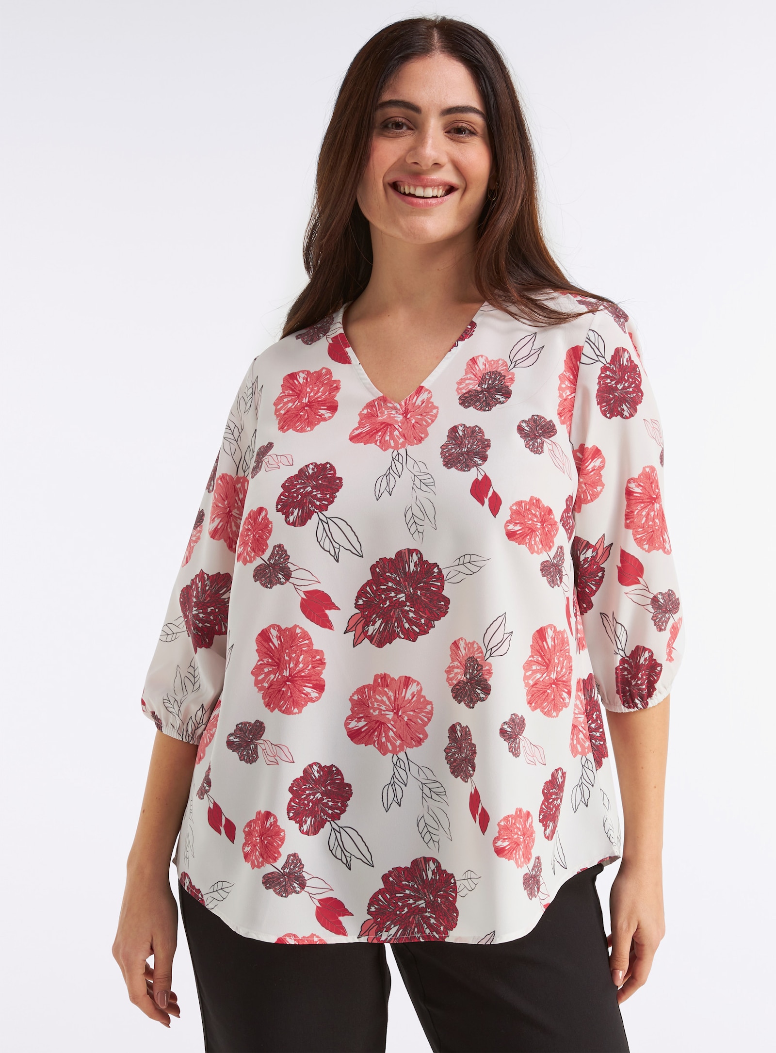 sheego Tuniek van crêpe, met bloemenprint - champagne/aardbei bedrukt