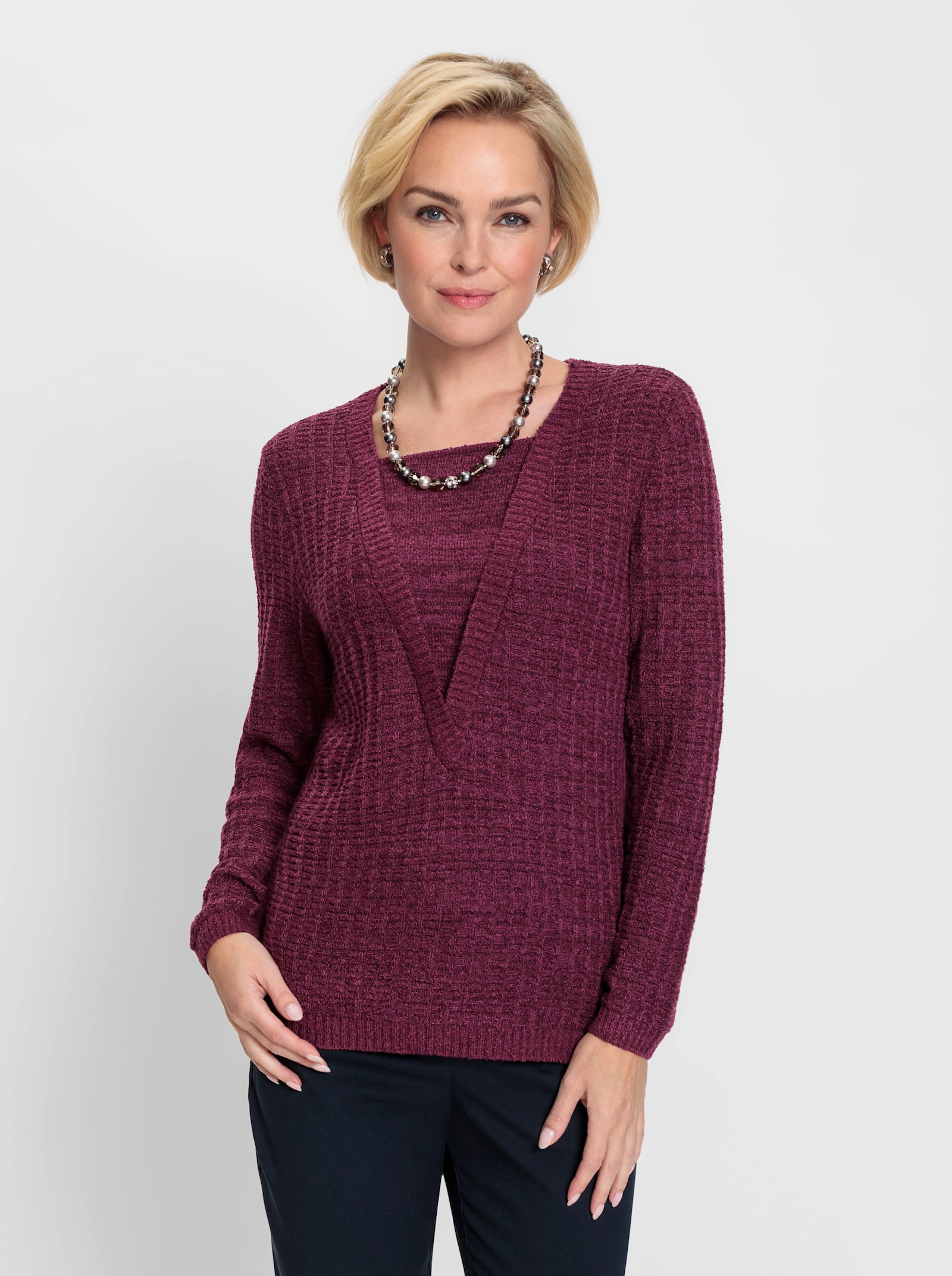 Bouclé-Pullover in 2-in-1-Optik - malve-meliert