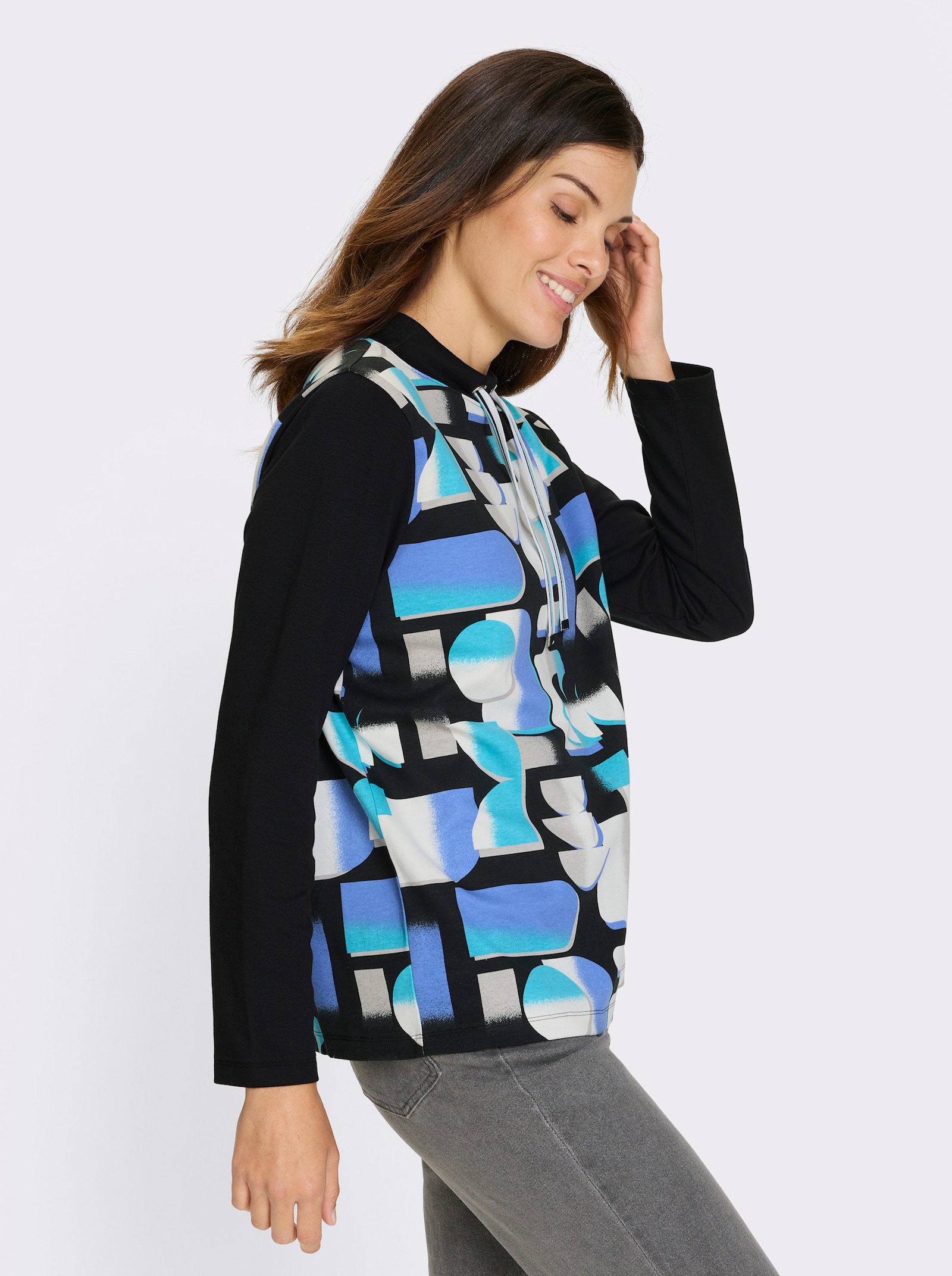 Sweatshirt mit halsfernem Stehkragen - türkis-schwarz-bedruckt