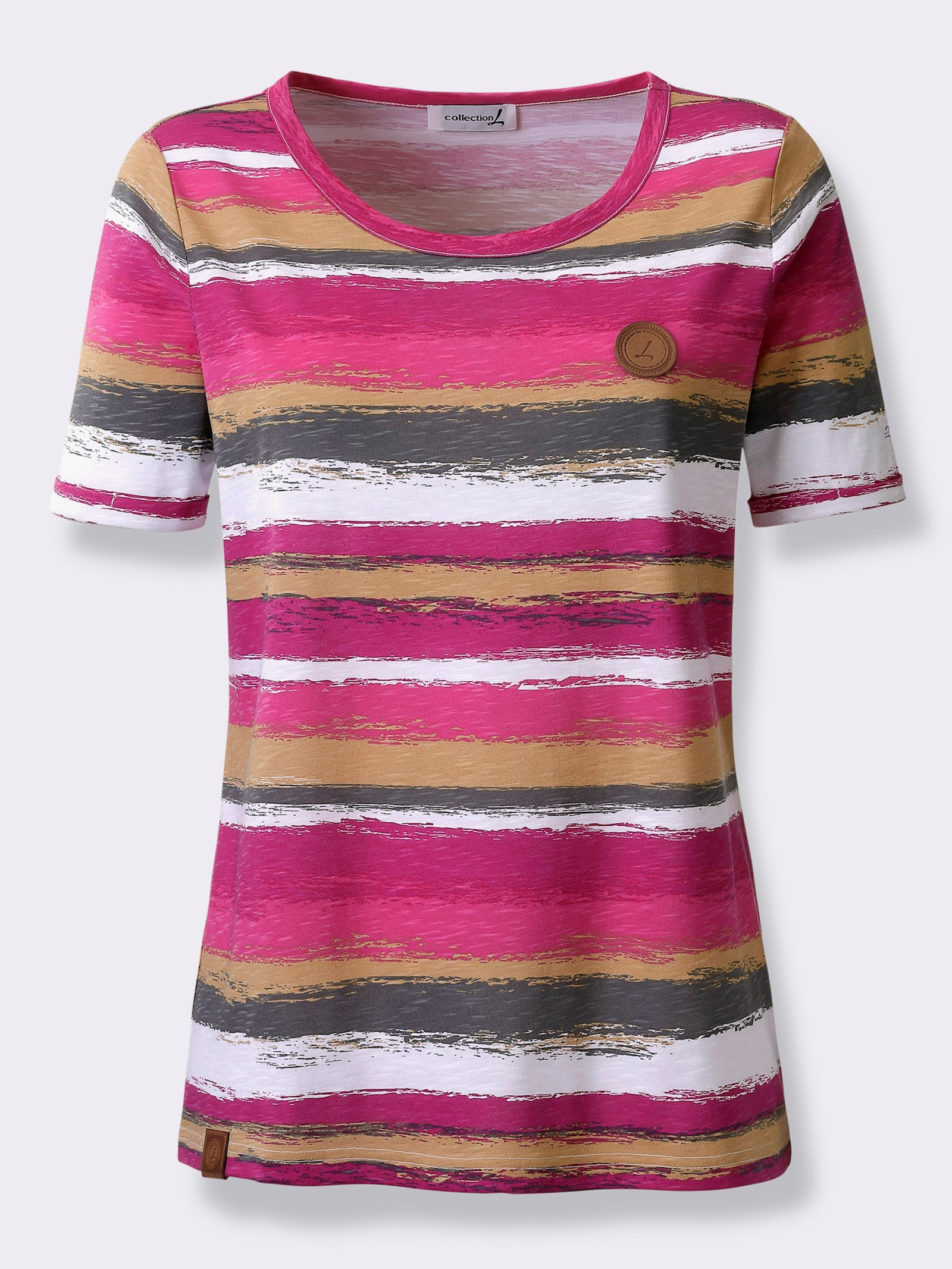 Streifenshirt mit Lederimitat-Details - magenta-camel-bedruckt