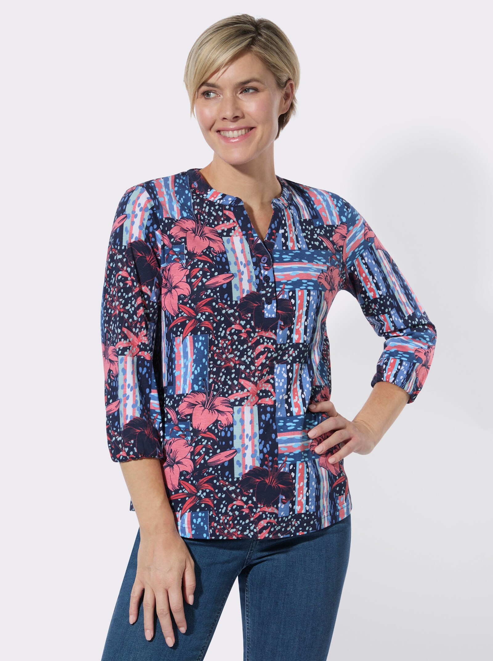 Print-Shirt mit grafischem Muster - mittelblau-koralle-bedruckt