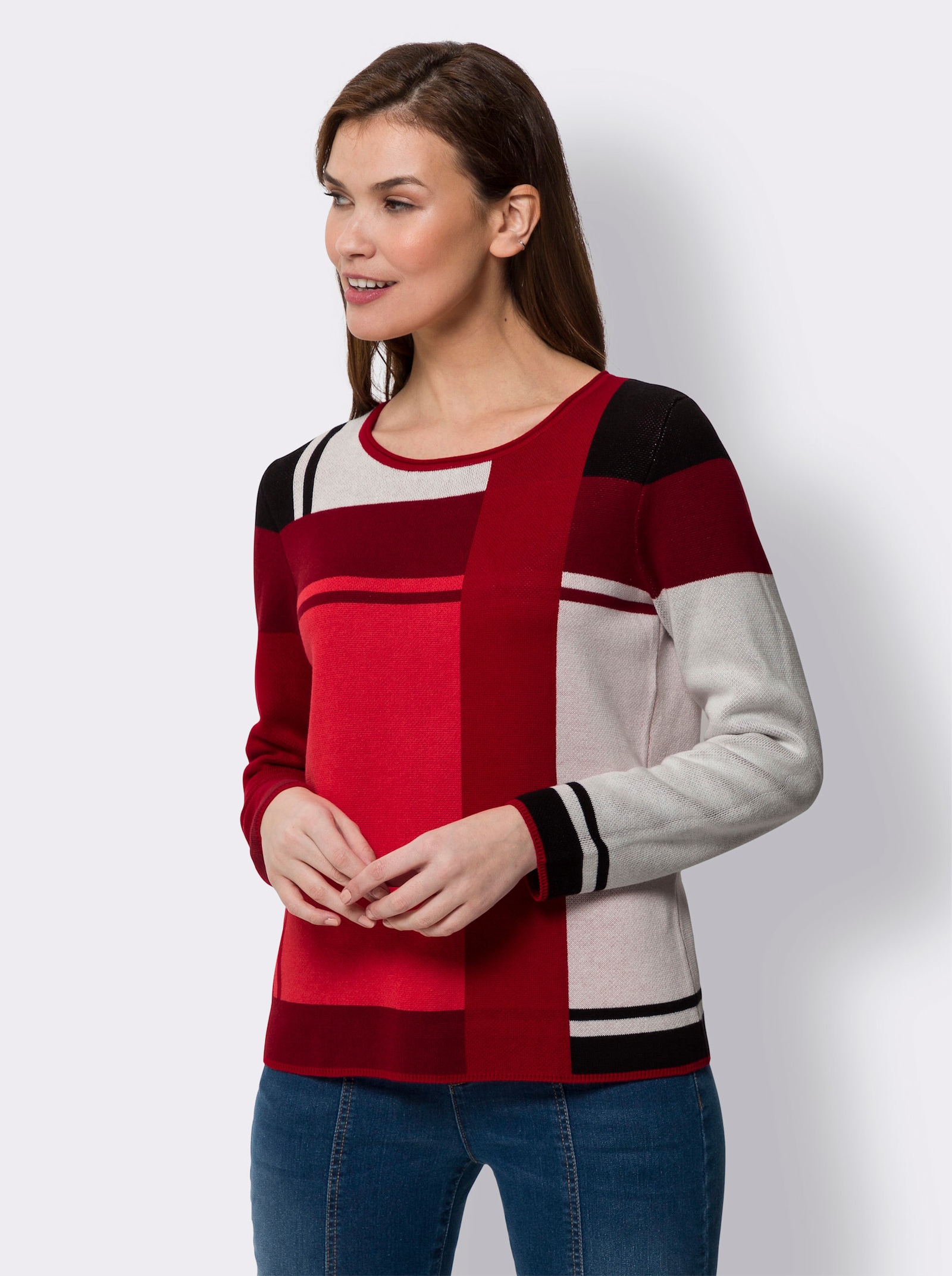 heine Jacquardpullover im Colour-Blocking - rot-schwarz-gemustert