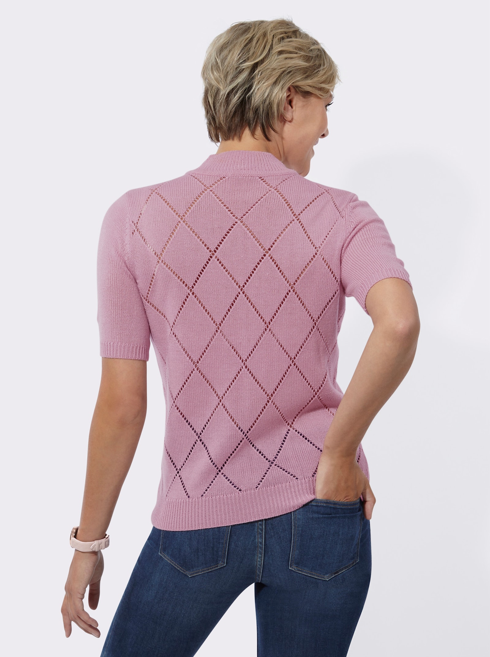 Ajourpullover mit längerem Halbarm - rosé