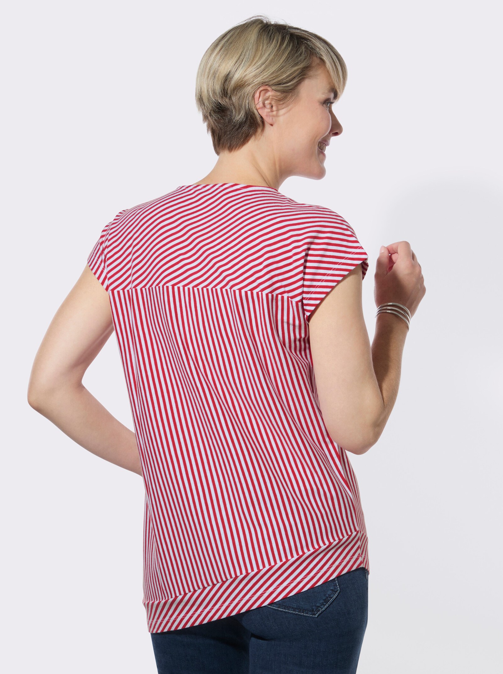 Rundhalsshirt mit asymmetrischem Saum - erdbeere-weiß-geringelt