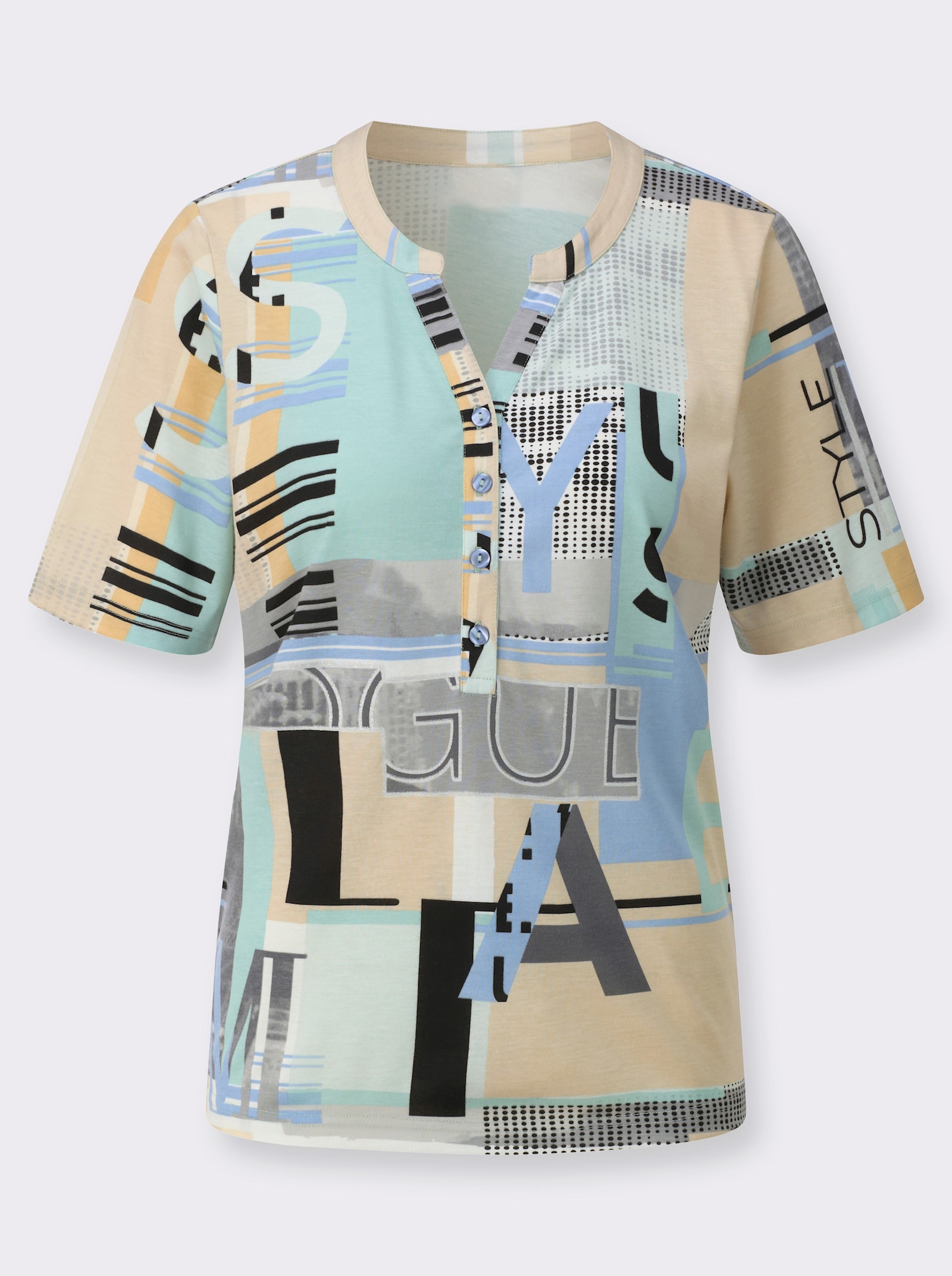 Kurzarmshirt im Baumwoll-Modal-Mix - bleu-sand-bedruckt