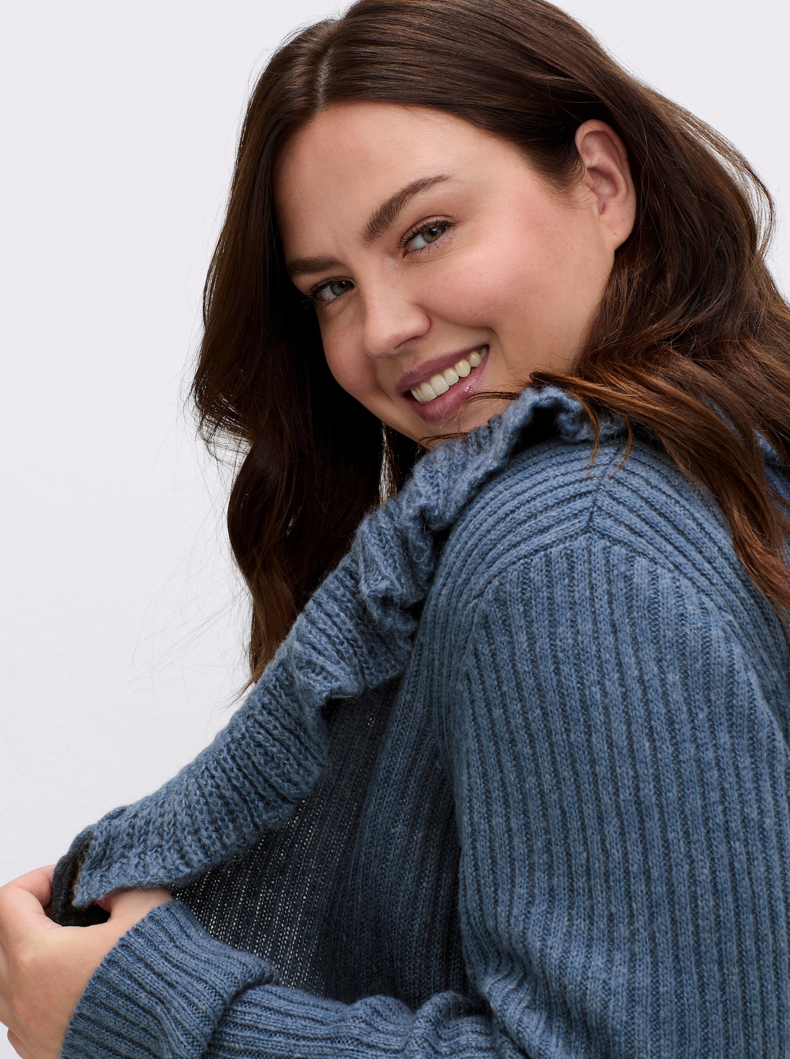 sheego by Joe Browns Vest met kraag in volantmodel - jeansblauw gemêleerd