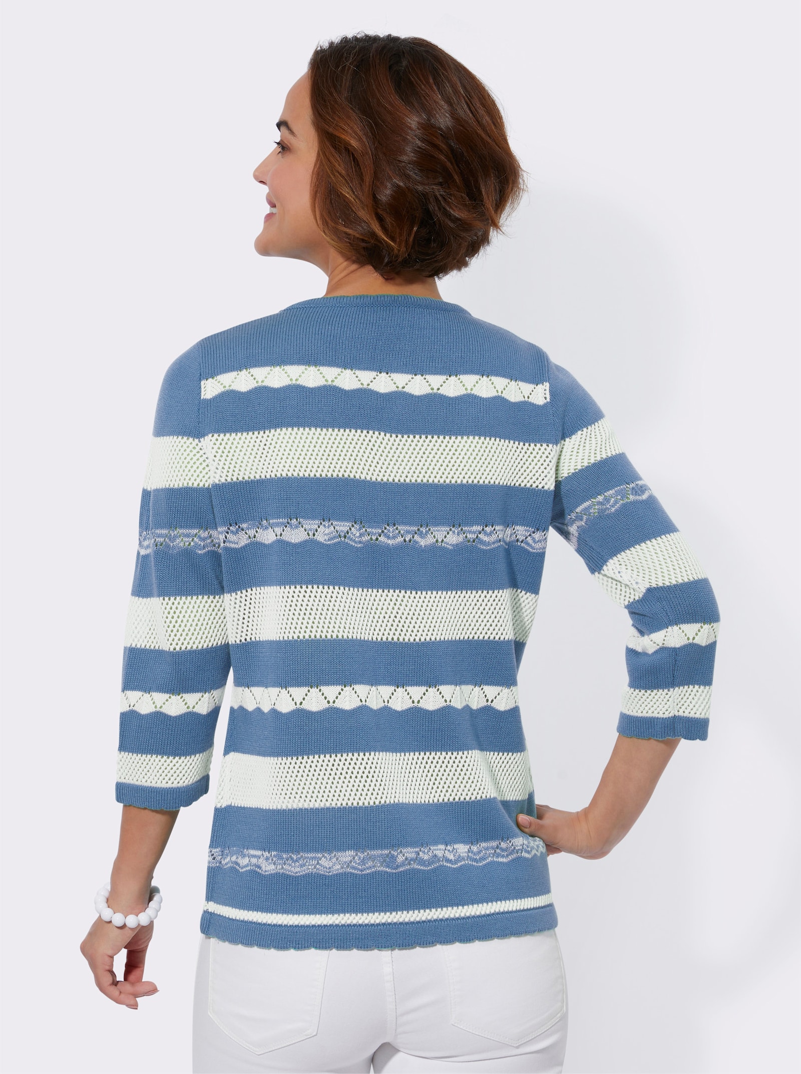 Ajourpullover mit gebogten Kanten - mittelblau-ecru-gemustert