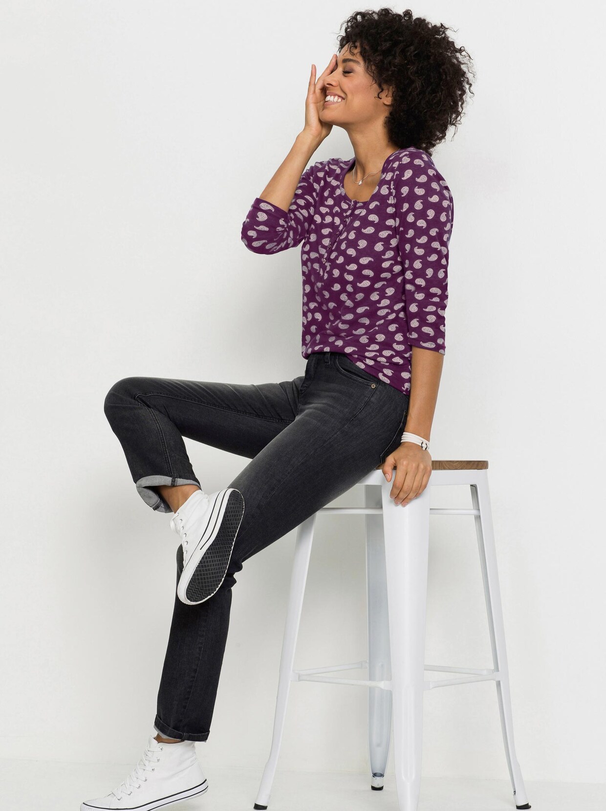 Shirt met 3/4-mouw - bessenrood gedessineerd
