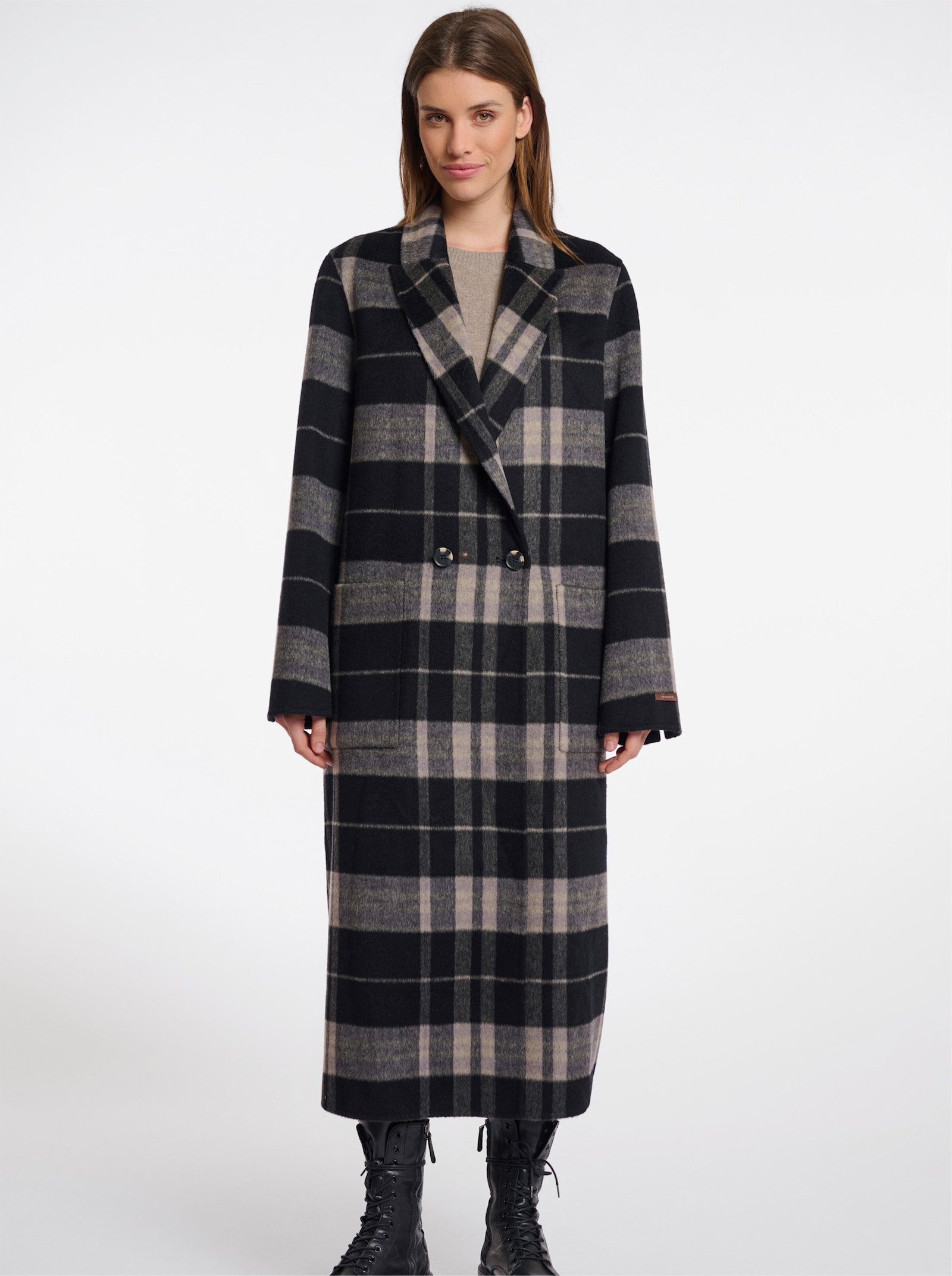 Rino & Pelle Wollmantel zum Wenden - schwarz-ecru-kariert