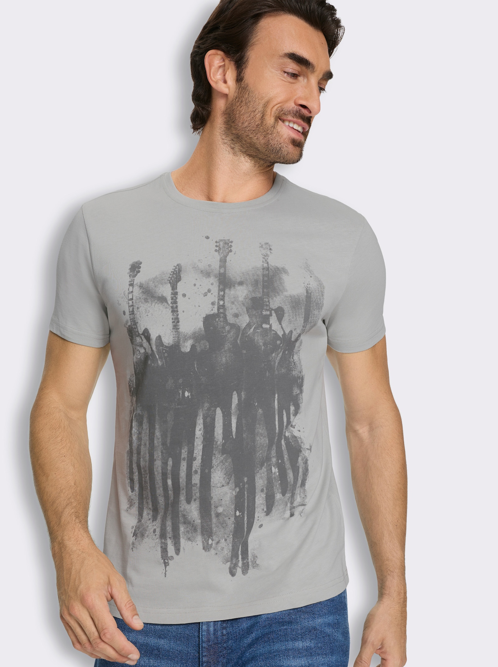 Marco Donati Kurzarmshirt mit Gitarren-Print vorne - hellgrau-bedruckt