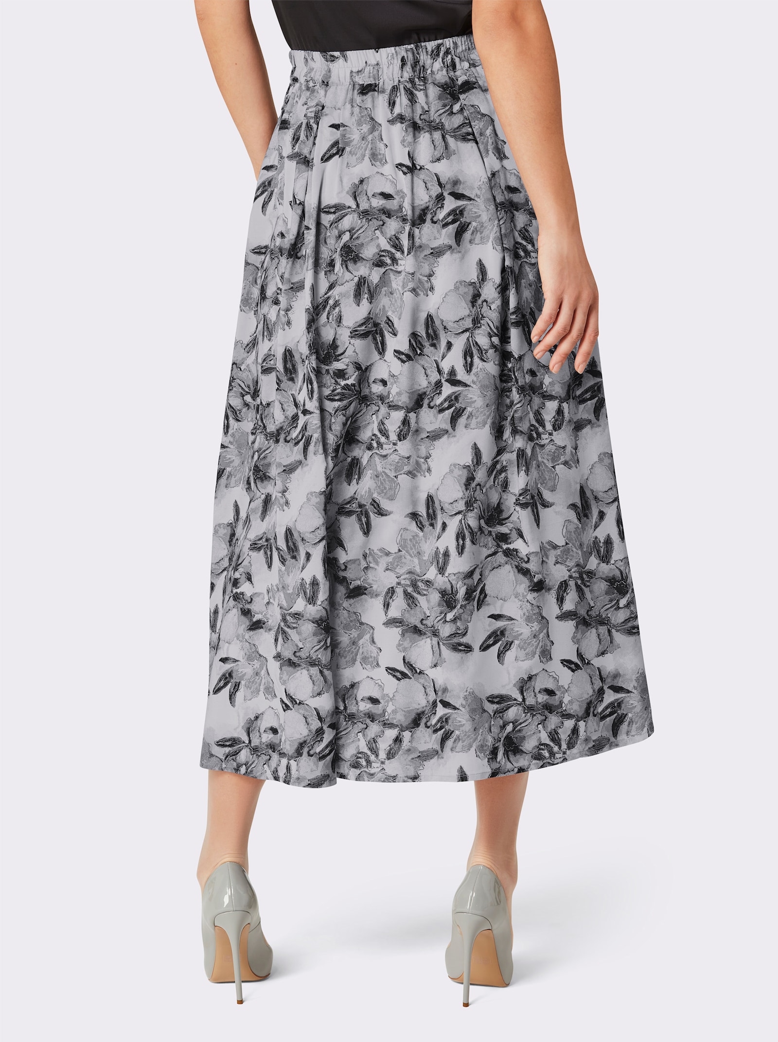 CREATION L PREMIUM A-Linien-Rock aus glänzendem Modal - hellgrau-schwarz-bedruckt