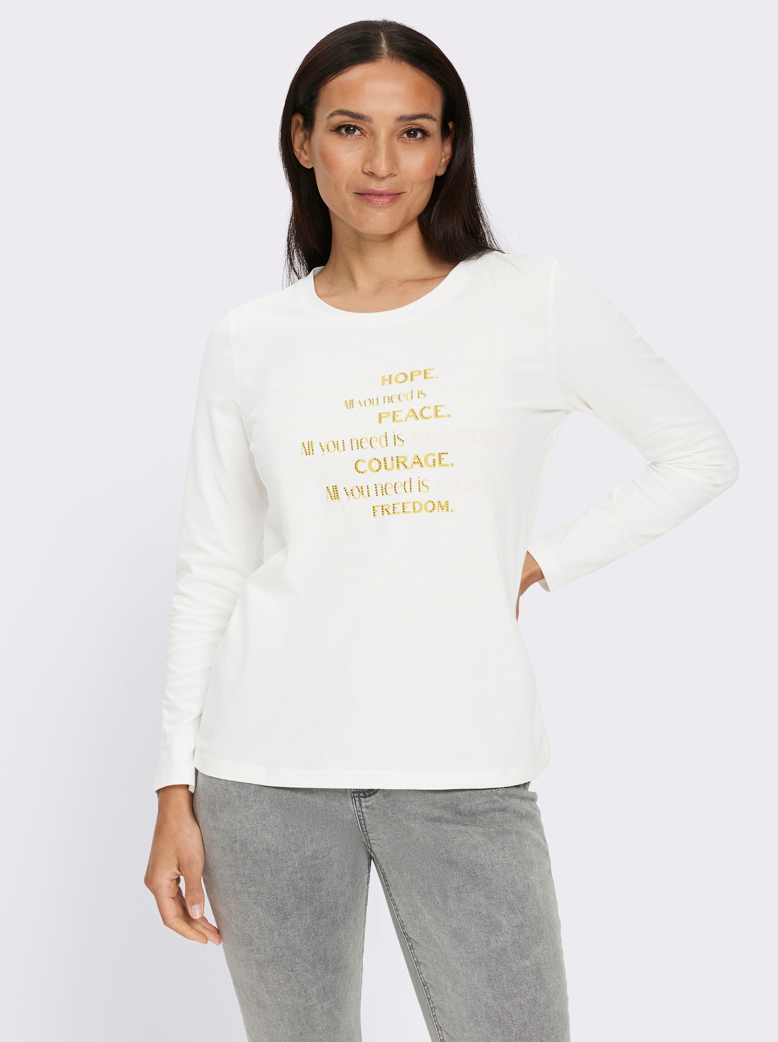 heine Langarmshirt Mit Ziersteinchen - ecru-zitrone-gemustert