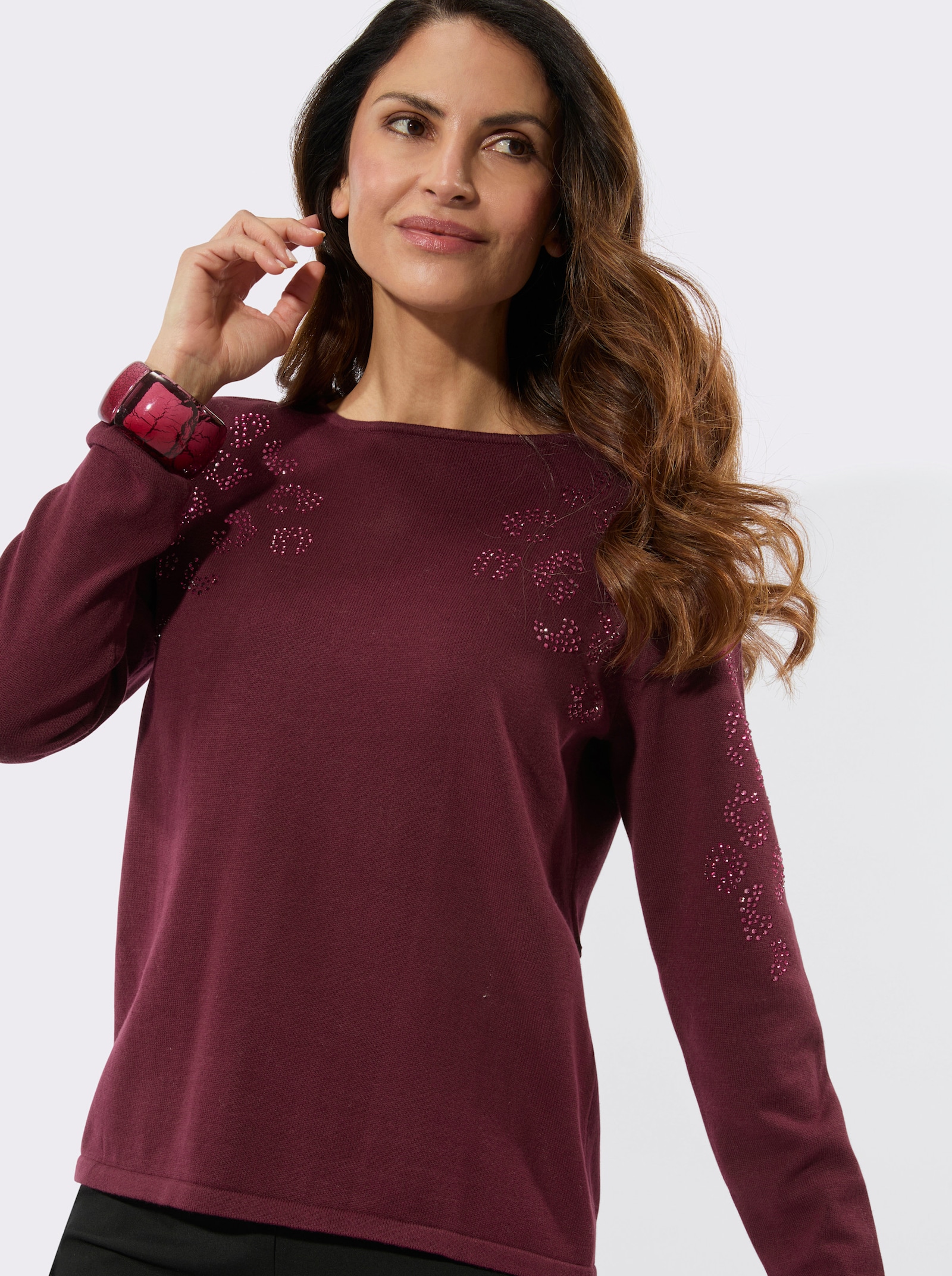 Feinstrickpullover mit Glitzersteinchen - bordeaux