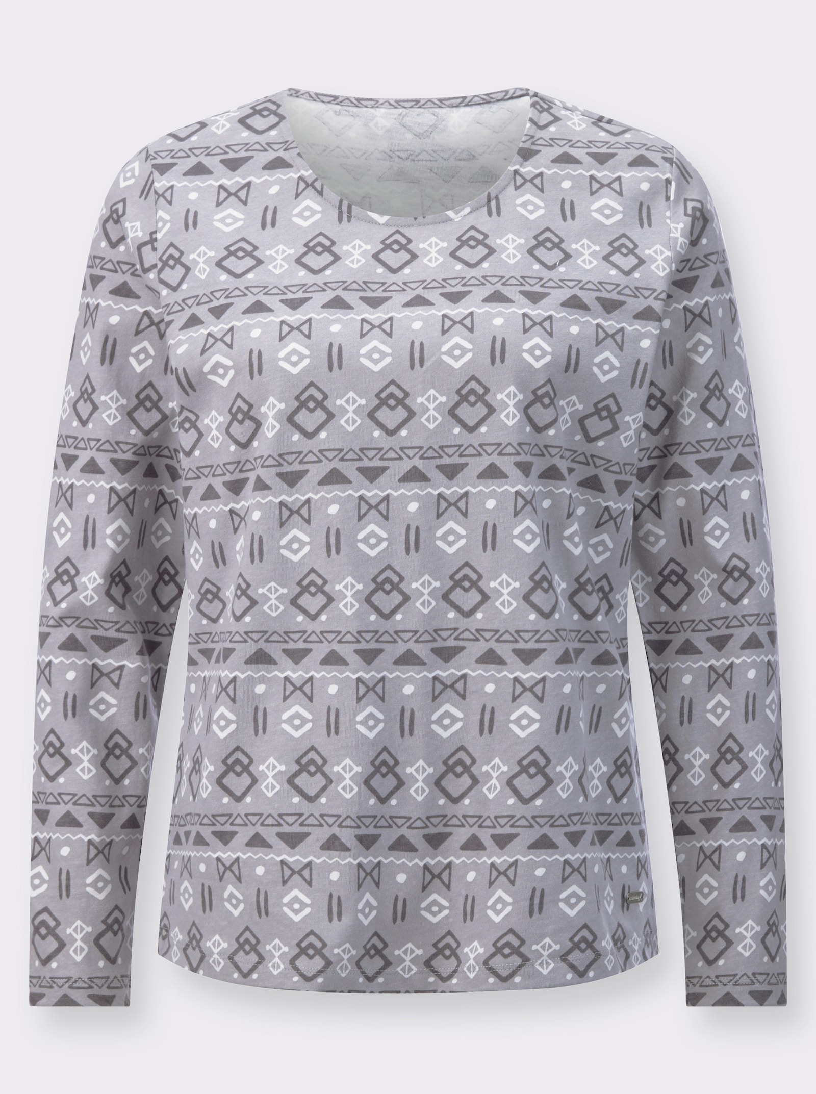 Print-Shirt mit paspeliertem Rundhals-Ausschnitt - steingrau-bedruckt