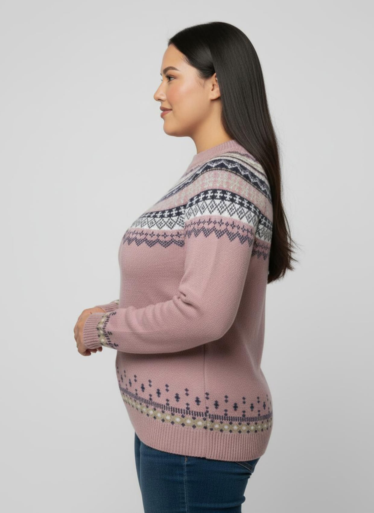 Norwegerpullover mit Raglan-Ärmeln - mauve-marine-gemustert
