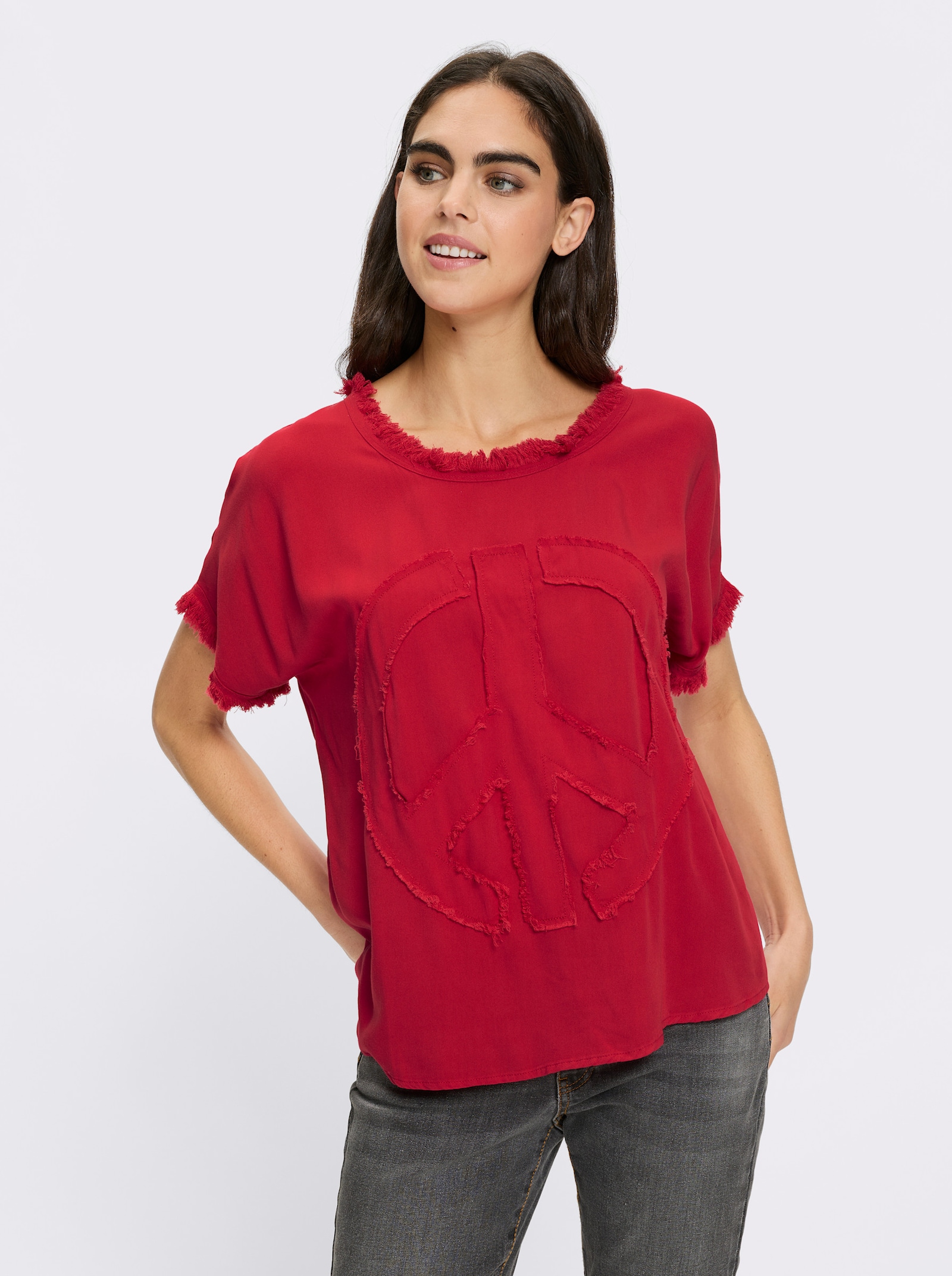 heine Kurzarmbluse mit Applikation - erdbeere