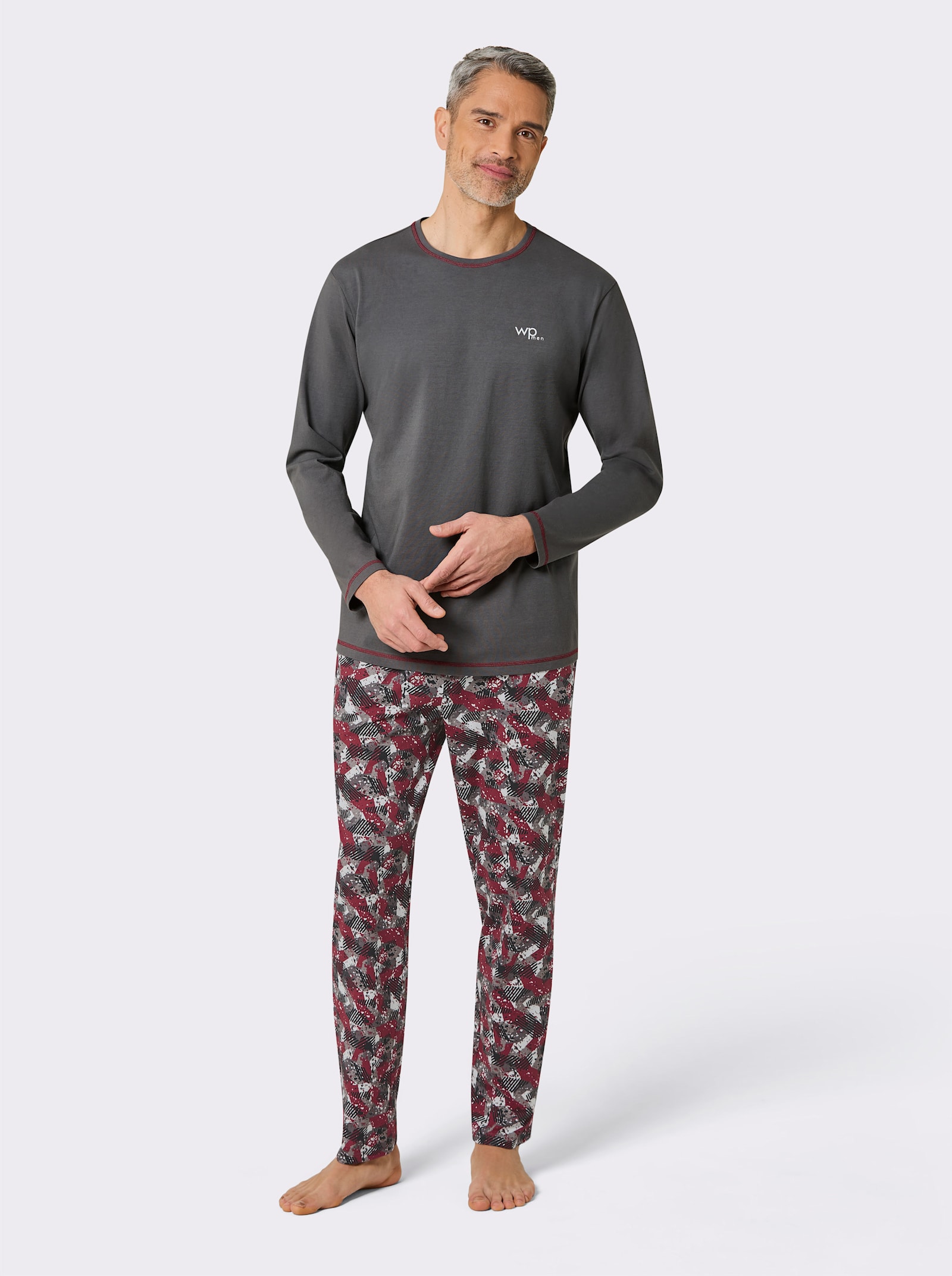 wäschepur men Schlafanzug - anthrazit-dunkelrot-bedruckt