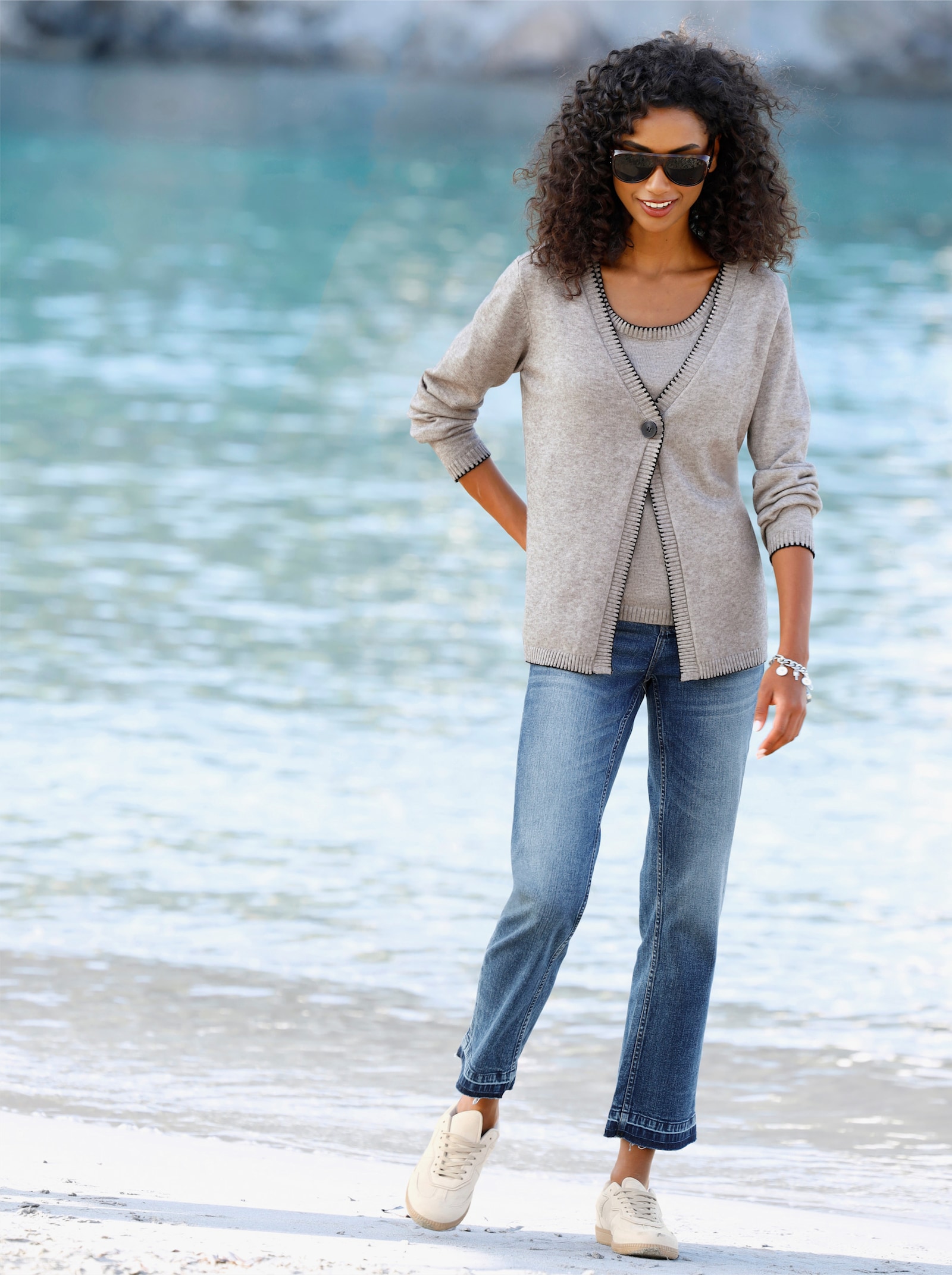 heine Twin-Set mit Kontrast-Details - taupe gemêleerd