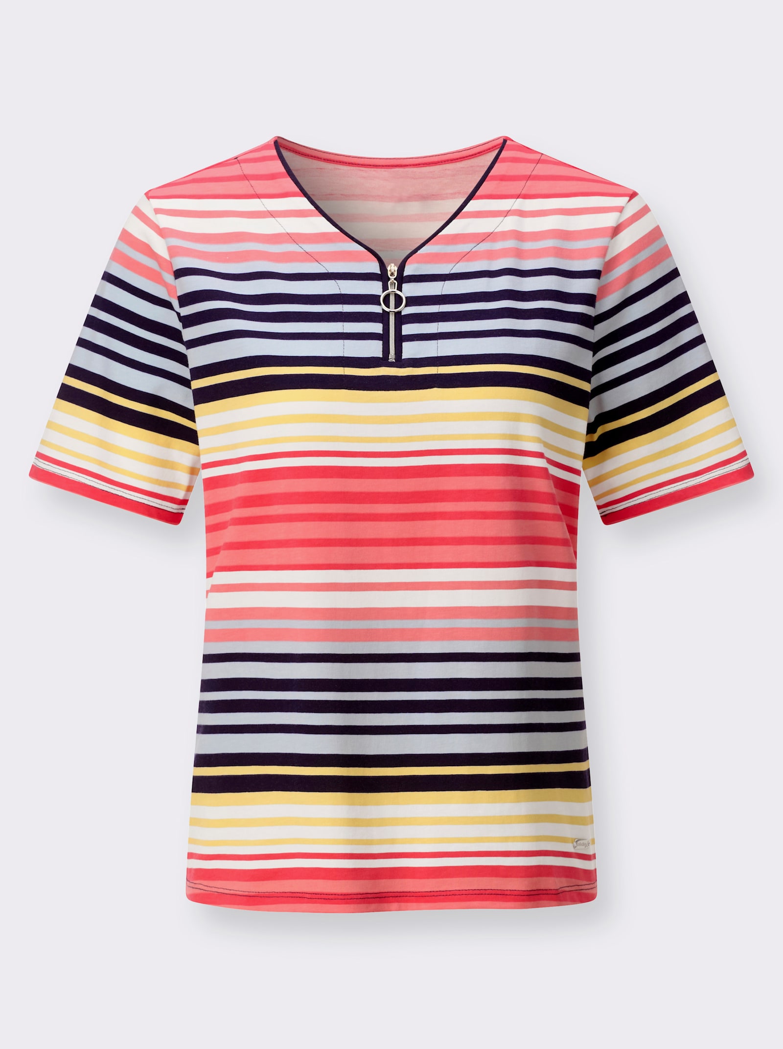 Ringelshirt mit Reißverschluss am Ausschnitt - flamingo-zitrone-geringelt