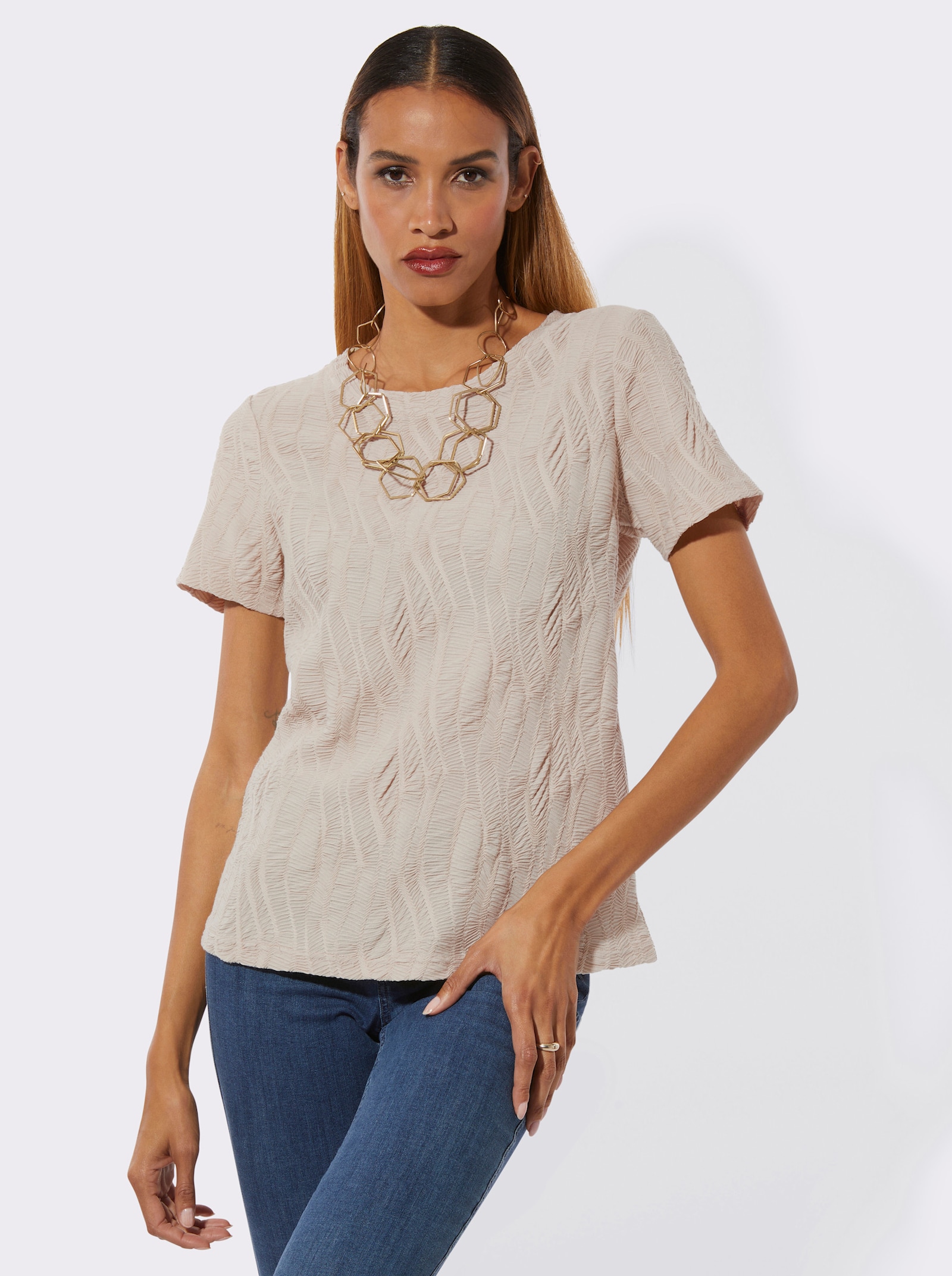 Rundhalsshirt mit Jacquard-Struktur - sand