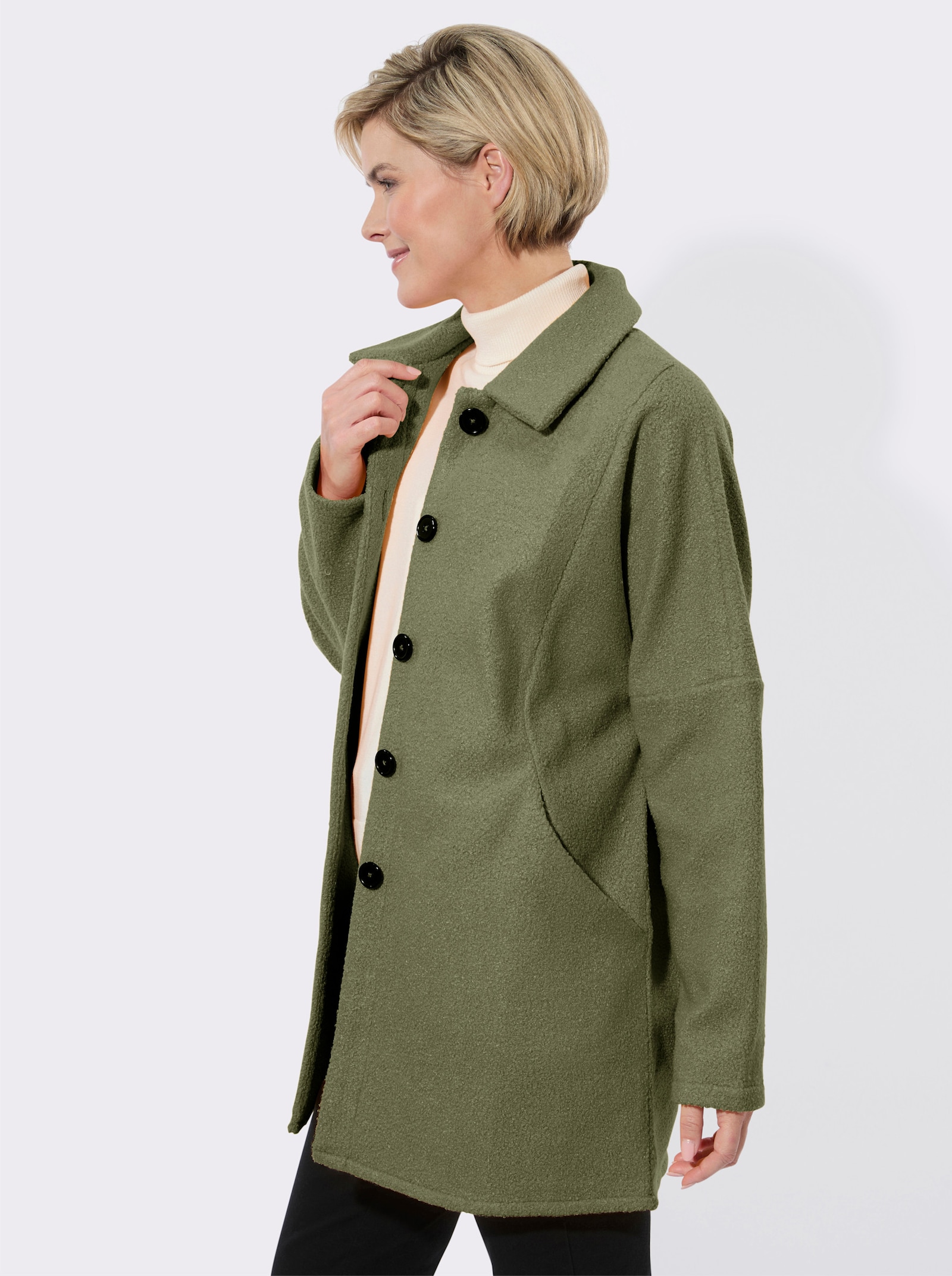 Longjacke mit Fledermausärmeln, Bouclé-Qualität - khaki