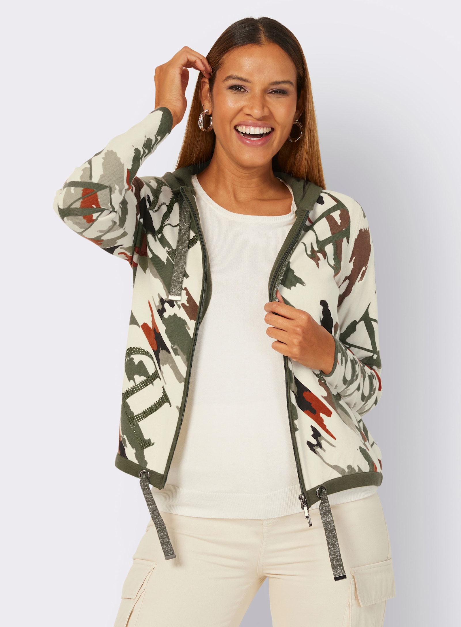 Kapuzenstrickjacke mit Druck und Glitzersteinchen - champagner-khaki-bedruckt